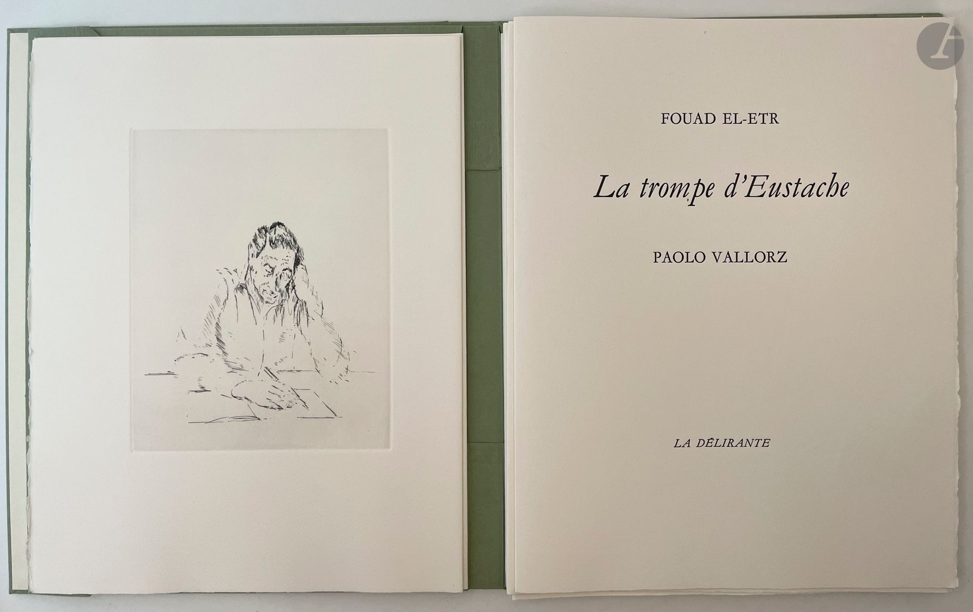 VALLORZ (Paolo) - ETR (Fouad El-).
La Trompe d'Eustache.
Paris: La Délirante, 1982. - In-folio, leaves, filled cover, publisher's folder and slipcase.
First separate edition of this collection of 19 poems that had previously appeared in "Comme une pieuvre que son encre efface".

It is illustrated with 8 original unsigned etchings by the Italian painter and illustrator Paolo VALLORZ (1931-2017), 7 of which are full-page and one as a cul-de-lampe. The title page features a woodcut by Henri Renaud after a drawing by Sam Szafran.

Limited edition of 150 copies on Arches vellum paper, signed by the author and artist at the justification, this being one of 26 author's copies, specially printed for Mr. and Mrs. Sam Szafran.

A perfectly preserved copy.
Provenance: Lilette and Sam Szafran collection, Piasa, June 28, 2022, no. 54.