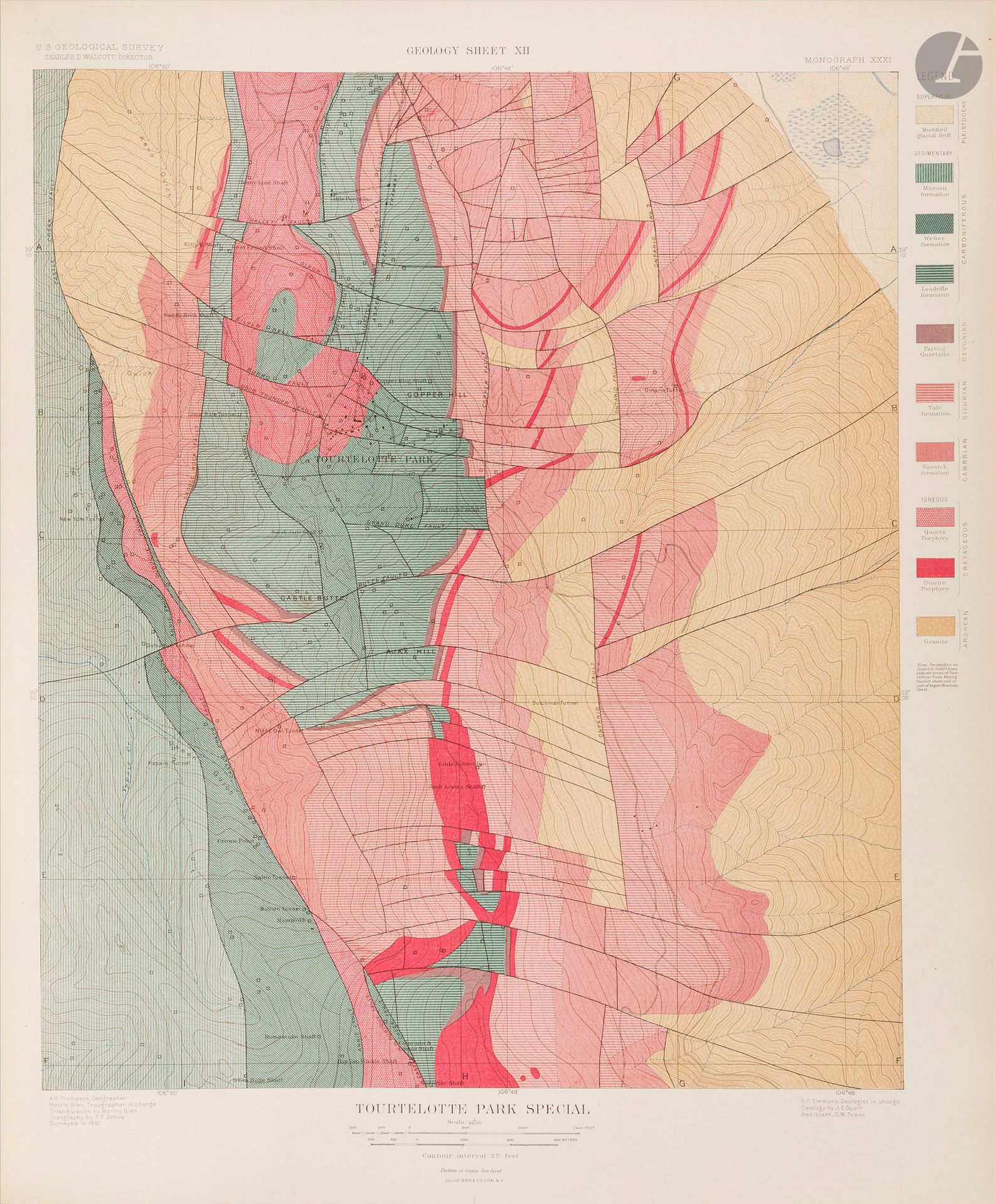 [CARTE GÉOGRAPHIQUE]
SPURR, Josiah Edward. 
Atlas to Accompany Monograph XXXI on the Geology of the Aspect District Colorado. Washington, Julius Bien & Co., 1898. Lithographié en couleurs. Un atlas in-folio, cartonnage éditeur, titre doré sur le plat + un volume de texte in-4 en cartonnage éditeur ; 27 cartes et coupes en chromolithographie (dont 2 sur double page), complet. Bel exemplaire.

L’atlas comprend 27 cartes (dont 2 sur double page) montrant la topographie et la géologie des montagnes autour d’Aspen, incluant des cartes pour Aspen, Tourtelotte Park, Hunter Park, Lenado, Smuggler Mountain, etc. 
L’atlas accompagne la monographie de Samuel Franklin Emmons (1841-1911), géologue en chef responsable de la division du Colorado de l’United States Geological Survey. Emmons est également connu pour avoir révélé en 1872 la célèbre supercherie des champs de diamants du Colorado.
 
Les cartes sont lithographiées, certaines en couleur (chromolithographie) pour faire ressortir les unités géologiques.
L’atlas rassemble les cartes géologiques superposées sur les relevés topographiques de base (topographie fine) pour une interprétation géologique en contexte. 
L’échelle des cartes varie : certaines feuilles sont à l’échelle d’un demi-mille à un mille par pouce (c’est-à-dire des échelles fines pour couvrir des zones localisées).

Provenance : Société Géologique de France.