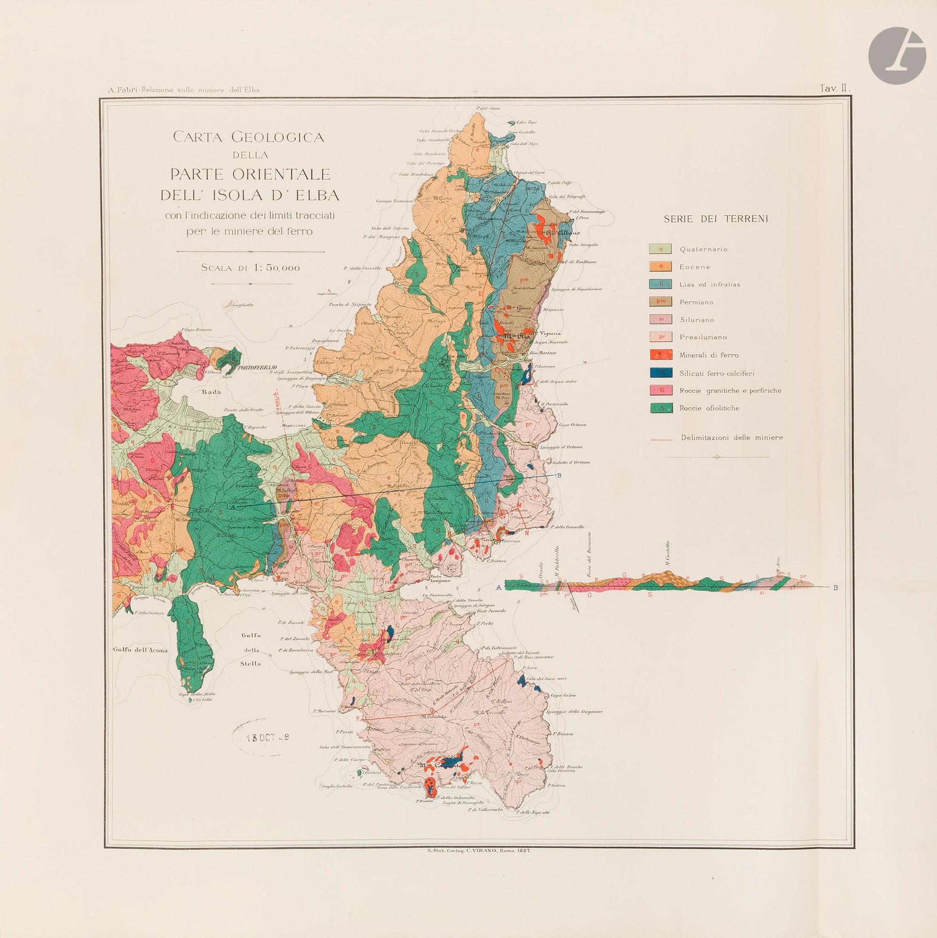 [CARTE GÉOGRAPHIQUE]
FABRI, Antonio. 
Relazione sulle miniere di ferro dell'isola d'Elba…Atlante. Roma, Tip. Nazionale, 1887. 505 x 470 mm. Lithographie en couleurs. Atlas in-folio seul, couverture cartonnée brochée. 9 planches lithographiées en couleurs (6 cartes + profils géologiques), complet. Bel exemplaire.

Relazione sulle miniere di ferro dell’isola d’Elba di A. Fabri… Atlante annesso al Vol. III delle Memorie descrittive della Carta Geologica d’Italia. 
 
L’atlas illustré de 6 cartes et 3 planches de profils géologiques est en annexe au vol. III delle Memorie descrittive della Carta Geologica d’Italia. Il est important pour l’histoire de la géologie et de l’exploitation minière en Italie, en particulier pour l’étude du fer en Toscane. Il comporte des cartes et des coupes qui illustrent la structure interne des formations minérales et métallifères.

Provenance : Société Géologique de France.