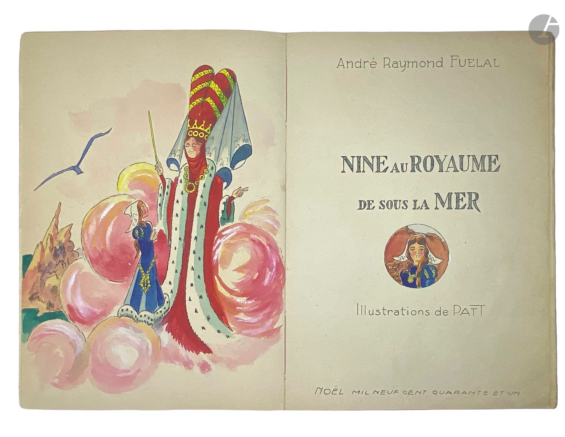 FUELAL (André Raymond) - PATT.
Nine in the kingdom under the sea.
S.l. Éditions E.L.S., Christmas 1941. - In-4, paperback, cut-out composition pasted to front cover.
Extremely rare first edition.

On verso of title is this printed note: "This tale was composed, illustrated and published at OFLAG II D, Westphalenhof Camp in Pomerania by French Prisoner-of-War Officers for their children and those of their comrades."

"Oflag" is the German abbreviation for Offizierslager, or "officer's camp" in French. During the Second World War, this term designated the prisoner-of-war camps reserved for officers in Germany. Each Oflag was identified by a Roman numeral indicating the region in which it was located, and a letter to distinguish it from other camps in the same area.

Oflag II D, as shown here, was located near Westfalenhof, in Prussian Pomerania. Opened in 1939, it occupied the military grounds of the Wehrmacht training range at Groß Born and was administratively dependent on Wehrkreis II (the 2ᵉ German military region).

The edition features numerous black and bistre illustrations in the text by a certain PATT. The justification indicates an edition of 175 copies sold outside the bookshop, for the benefit of "Secours National".

This is supposed to be one of the 45 hand-illustrated deluxe copies (no. XXXIV). In fact, it includes numerous unsigned original color drawings or enhanced figures, including a frontispiece, a title vignette, 6 full-page compositions and 15 in the text.

The print run of 175 copies seems fanciful, since on the one hand the numbering of the copies as indicated in the justification is erroneous, and on the other hand the copies in circulation are extremely rare. No copies are known to exist in French or European public libraries. Only one copy can be found in the United States, at Princeton University.

Adhesive tape covering the back cover. The composition on the front cover is rubbed.