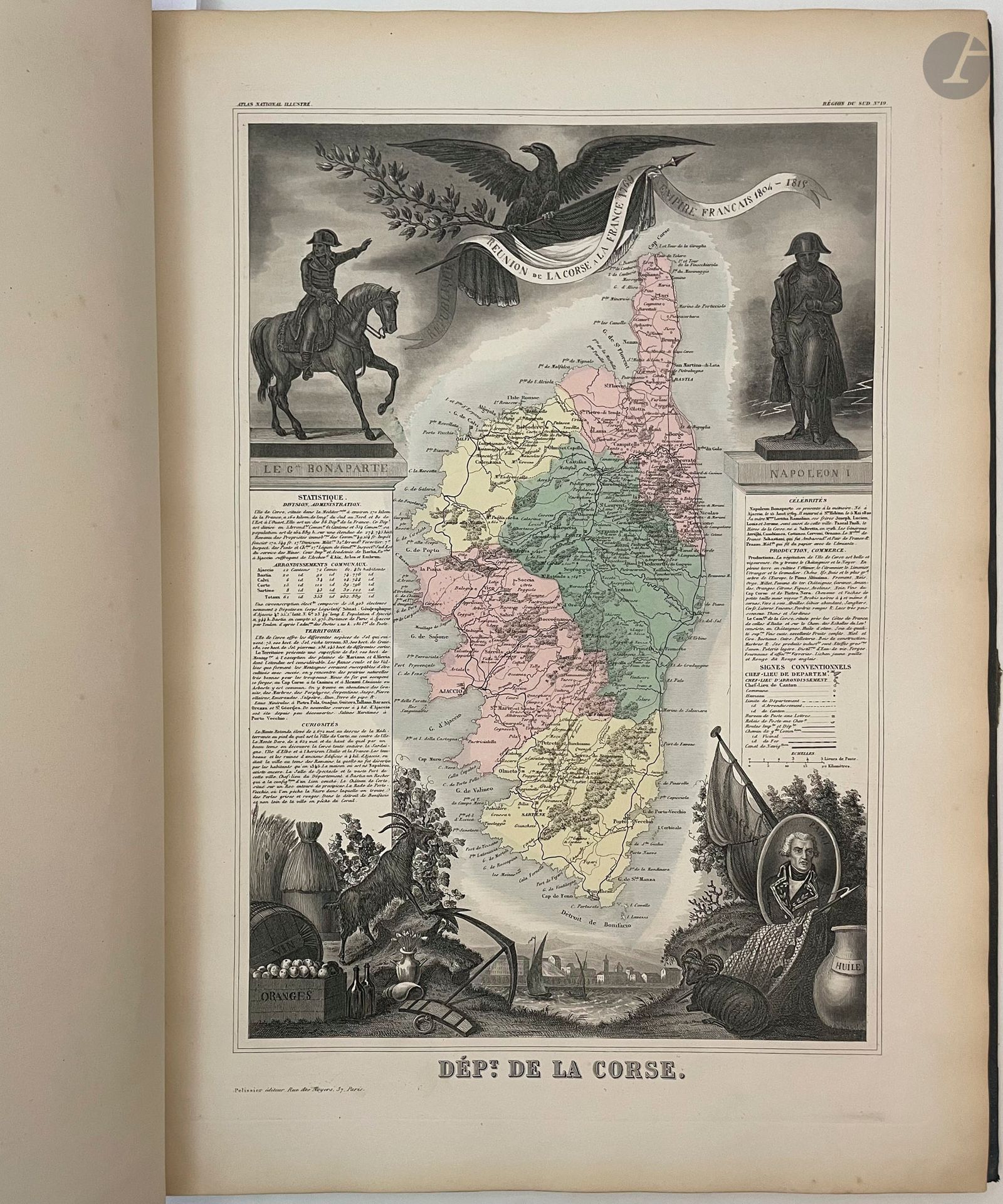 LEVASSEUR (Victor).
Atlas national illustré des 89 Départements et des Possessions de l France. Divisé par Arrondissements, Cantons et Communes, avec le tracé de toutes les routes, chemins de fer et canaux.
Paris : Pelissier, 1869. — In-folio, demi-chagrin vert foncé, plats de percaline verte ornée de filets à froid en encadrement, titre doré au centre du premier plat, dos lisse de percaline moderne avec d'os d'origine remonté (reliure de l'éditeur).
Nouvelle édition de ce célèbre atlas publié pour la première fois en 1833 et qui sera réédité par différents éditeurs jusqu'en 1872.

Ce travail a été réalisé par l'ingénieur-géographe Victor Levasseur (1800-1870) à partir des données issues des travaux du Cadastre et du Dépôt de la Guerre, ainsi que des Ponts et Chaussées. Les cartes sont ornées de gravures qui présentent des statistiques, des annotations historiques et des illustrations typiques des départements et colonies. Elles mettent en évidence les routes, les voies ferrées et les voies navigables, tandis que les départements sont subdivisés en arrondissements, cantons et communes.

Exemplaire comprenant un beau titre gravé ainsi que 99 cartes sur 102. Il manque les cartes des départements de Seine et Marne et de Seine et Oise, ainsi que celle de La Martinique. Il a la particularité de proposer 3 cartes avec les décors gravés en couleurs (Ardennes, Finistère et Savoie

Reliure restaurée, dos d'origine rapporté, gardes renouvelées. Quelques frottements d'usage. Les cartes sont parfaitement conservées. La première et le titre sont en partie déreliés.