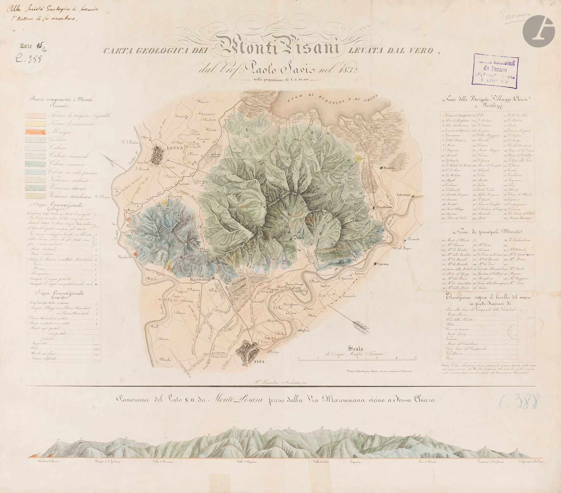 [MAP]
SAVI, Paolo.
Carta geologica dei Monti Pisani levata dal vero. 1832. 480 x 550 mm. Period colors. Engraving in period colors. Soiling, tears in lower margin repaired with scotch tape, foxing.

The 1:80,000 map shows the Monti Pisani (Pisan Mountains in Tuscany) region with its geological types. 
From the author: "Alla Societa Geologica di Francia l'autore di lei membro".
 
Paolo Savi's interest in zoology, well established in the early years of his career, took a new turn after his meeting with Georges Cuvier in 1828. This event marked the beginning of his decisive move towards the earth sciences. 
That same year, Savi undertook his first geological excursions in Tuscany, soon followed in 1829 by study trips to the Monti Pisani, the Apennines and the Apuan Alps. These explorations gave rise to his first published works in geology, between 1829 and 1833. 
In 1830, the Grand Duke of Tuscany invited him to join the group of notables accompanying him on a trip to Germany. Savi devoted much of his time to examining the Carboniferous terrains of Saxony and Bohemia, visiting mines and exchanging views with geologists and mining engineers. 
In the following years, he intensified his fieldwork, exploring Elba and Lunigiana, and publishing the Carte géologique des Monti Pisani in 1833. It was on this occasion that he received his first official commission, marking the beginning of his recognition as a geologist.

Provenance: Geological Society of France.