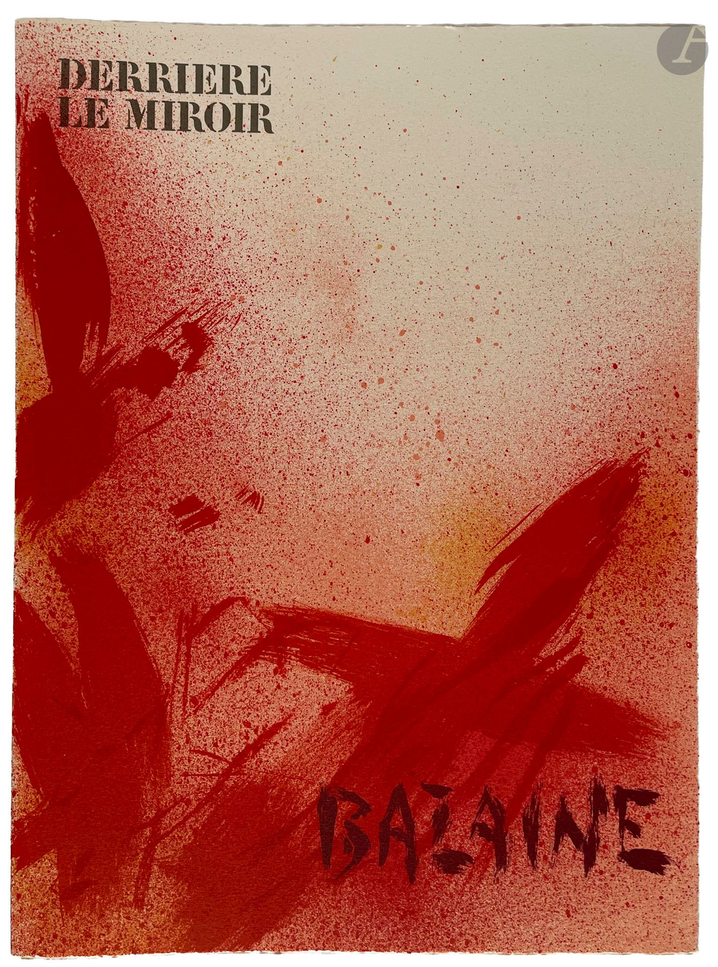 [DERRIÈRE LE MIROIR] - BAZAINE (Jean).
Bazaine
Paris : Maeght éditeur, 1975.  — In-folio, en feuilles, chemise et étui cartonnés de l'éditeur, étiquette imprimée sur le premier plat de l'étui.
« Derrière le miroir » numéro 215 consacré à l'exposition du peintre, lithographe et illustrateur Jean BAZAINE (1904-2001) à la Galerie Maeght en 1975. Comprend une succession de citations de peintres ainsi 14 reproductions dont 2 en couleurs, ainsi que 7 lithographies originales en couleurs (couverture (2), pages 3, 7, 12, 18 et 22).

UN DES 150 EXEMPLAIRES NUMÉROTÉS SUR PAPIER VÉLIN D'ARCHES, SIGNÉS PAR L'ARTISTE À LA JUSTIFICATION (n° 48).

Exemplaire parfaitement conservé.