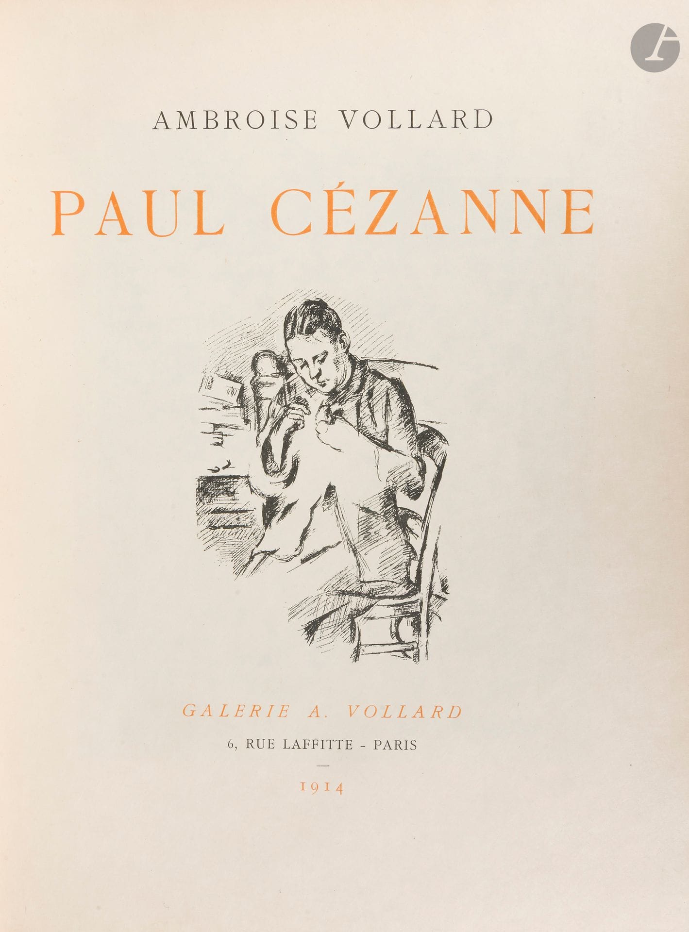 VOLLARD (Ambroise).
Paul Cézanne.
Paris : Galerie A. Vollard, 1914. — In-4, 320 x 250 : frontispice, (2 ff.), 187 pp., (1 f.), 58 planches, couverture illustrée. Demi-veau havane à coins, filets dorés, dos à nerfs orné, tête dorée, non rogné, couverture conservée (reliure de l'époque).
Édition originale tirée à 1000 exemplaires, illustrée de nombreuses reproductions d’œuvres de l’artiste dans le texte et à pleine page et de 59 planches sous serpente légendée, dont une eau-forte originale de Paul CÉZANNE en frontispice, représentant une tête de femme.

Un des 150 premiers exemplaires sur papier japon de la manufacture de Shizuoka (n° 20).

Épidermures et décolorations à la reliure. Parfait état intérieur.
Provenance : étiquette de la librairie suédoise Nordiska Bokhandeln à Stockholm.