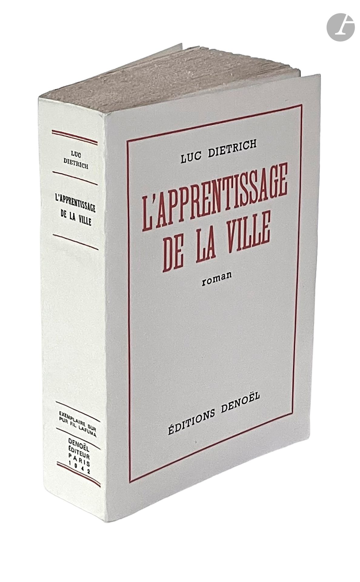 DIETRICH (Luc).
L'Apprentissage de la ville. Novel.
Paris : Denoël, [1942]. - In-8, paperback.
First edition of one of Luc Dietrich's finest novels.

One of 40 copies on vellum pur fil Lafuma, this being one of 30 on this paper placed in trade, numbered 39. This is the second paper after 15 on vellum d'Arches.

Long, handsome autograph letter from the author on the false title: "Pour // Raymond Pruneyre // En lui souhaitant de trouver // dans ce livre le tumulte du // désordre et le désir d'une // autre vie : désir né du désordre. // Ce livre de la quête de // soi et de la recherche. // En cordial // souvenir // Luc Diertrich // 12 Juillet 1943 // Paris."

Enclosed are two reviews of the book, taken from the March 21 and July 11, 1942 issues of Comœdia, as well as Denoël's presentation of the book at the time. The three pieces are glued to three loose-leaf pages annotated by the author.

A very well preserved copy. Pages 8 and 9 have been browned by the chronicles that were originally placed there.