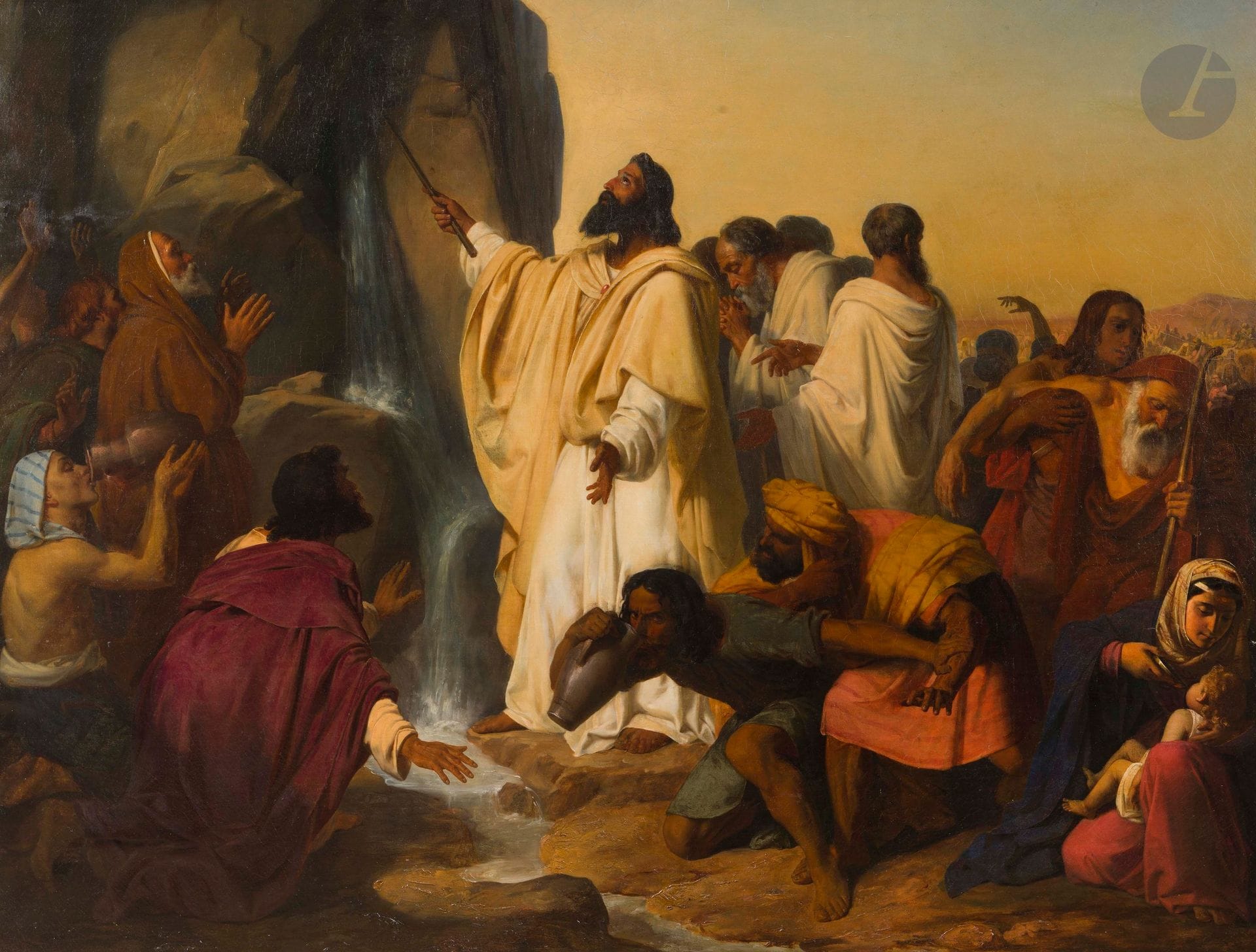 Jean MURAT (1807–1863) 
Moses Striking the Rock, 1836 
Oil on canvas. 
Unsigned. 
(Original canvas (Vallé &amp; Bourniche, Paris. Successors to Belot), tension strips, restorations, and non-original stretcher). 
113 x 145 cm 
Framed. 
 
Competition: 
Historical Painting, Grand Prix, Académie de France, Rome, April 23–September 24, 1836: Second Prize awarded unanimously. 
 
Bibliography: 
Philippe Grunchec, *La Peinture à l’École des Beaux-Arts, Les Concours des prix de Rome (1797–1863)*, Volume II, Paris, École nationale supérieure des Beaux-Arts, 1986, cited on pp. 328 and 329; preparatory study reproduced on p. 330. 
 
The sketch for this painting, created for the first round of the Grand Prix on April 25, 1836, is housed at the Musée des Beaux-Arts in Senlis.




Keywords:
Judaica, Jew, Jewish, Hebrew, rabbis, Torah, Hebrew, Hebraica, Judaism, synagogue, Zionism, Passover, Haggadah, Passover, menorah, Hanukkah, Torah, Juden, Israelite, Israel, antisemitism, Dreyfus, Megillah, Sephardic, ketubah