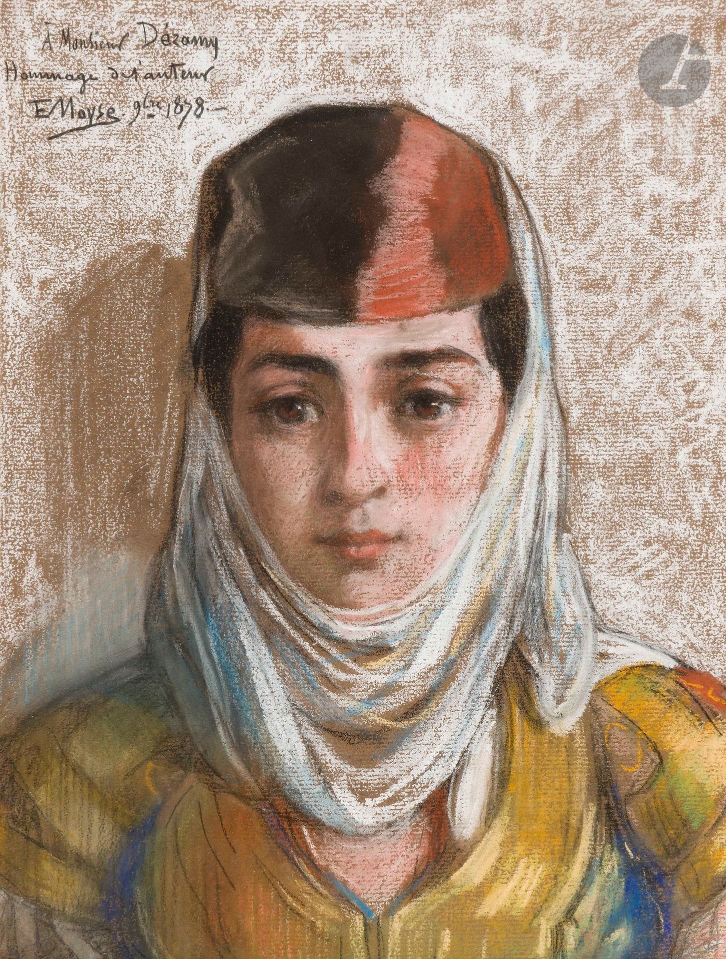 Edouard MOYSE (1827-1908) 
Portrait de femme juive algérienne, 1878 
Pastel. 
Signé, daté et dédicacé à « Monsieur Dézamy
Hommage de l’auteur » en haut à gauche. 
34 x 26 cm 

Provenance : 
Vente Ader Picard Tajan, décembre 1987, lot 57. Reproduit en couverture du catalogue. 

Exposition : 
Musée des Beaux-arts de Nancy, 2016-2017 
Musée d’Art et d’histoire du judaïsme (mahJ) 

Bibliographie : 
Jean Bernheim, Edouard Moyse ou la peinture israélite. Éditions esthétiques du divers. 2012. Reproduction pleine page, p.70.




Mots clés :
judaïca, juif, juive, hébreux, rabbins, jewish, torah, hebrew, hebraica, judaisme, synagogue, sionisme, pessah, pessach, haggada, haggadah, hagada, hagadah, passover, menora, menorah, hannuka, hannuca, hannoucca, hanouccah, torah, juden, israélite, Israël, antisemitism, antisémitisme, dreyfus, meguila, sepharade, sefarad, ketouba