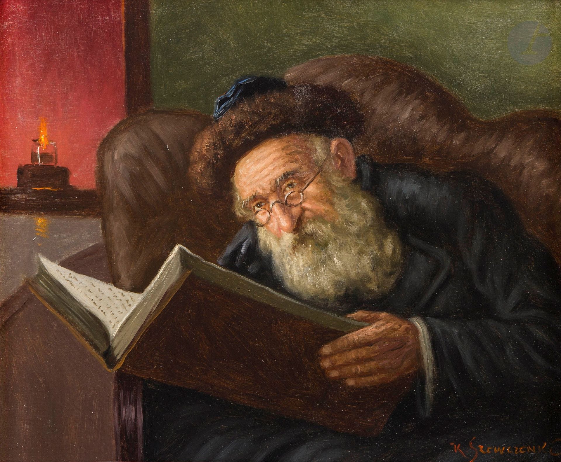 Konstantin SZEWCZENKO (1915-1991) 
Le Rabbin à la lecture 
Huile sur panneau. 
Signée en bas à droite. 
25 x 30 cm 
Cadre.

Exposition : 
Musée Narodowe, Varsovie, 1981 (tampon au dos).




Mots clés :
judaïca, juif, juive, hébreux, rabbins, jewish, torah, hebrew, hebraica, judaisme, synagogue, sionisme, pessah, pessach, haggada, haggadah, hagada, hagadah, passover, menora, menorah, hannuka, hannuca, hannoucca, hanouccah, torah, juden, israélite, Israël, antisemitism, antisémitisme, dreyfus, meguila, sepharade, sefarad, ketouba
