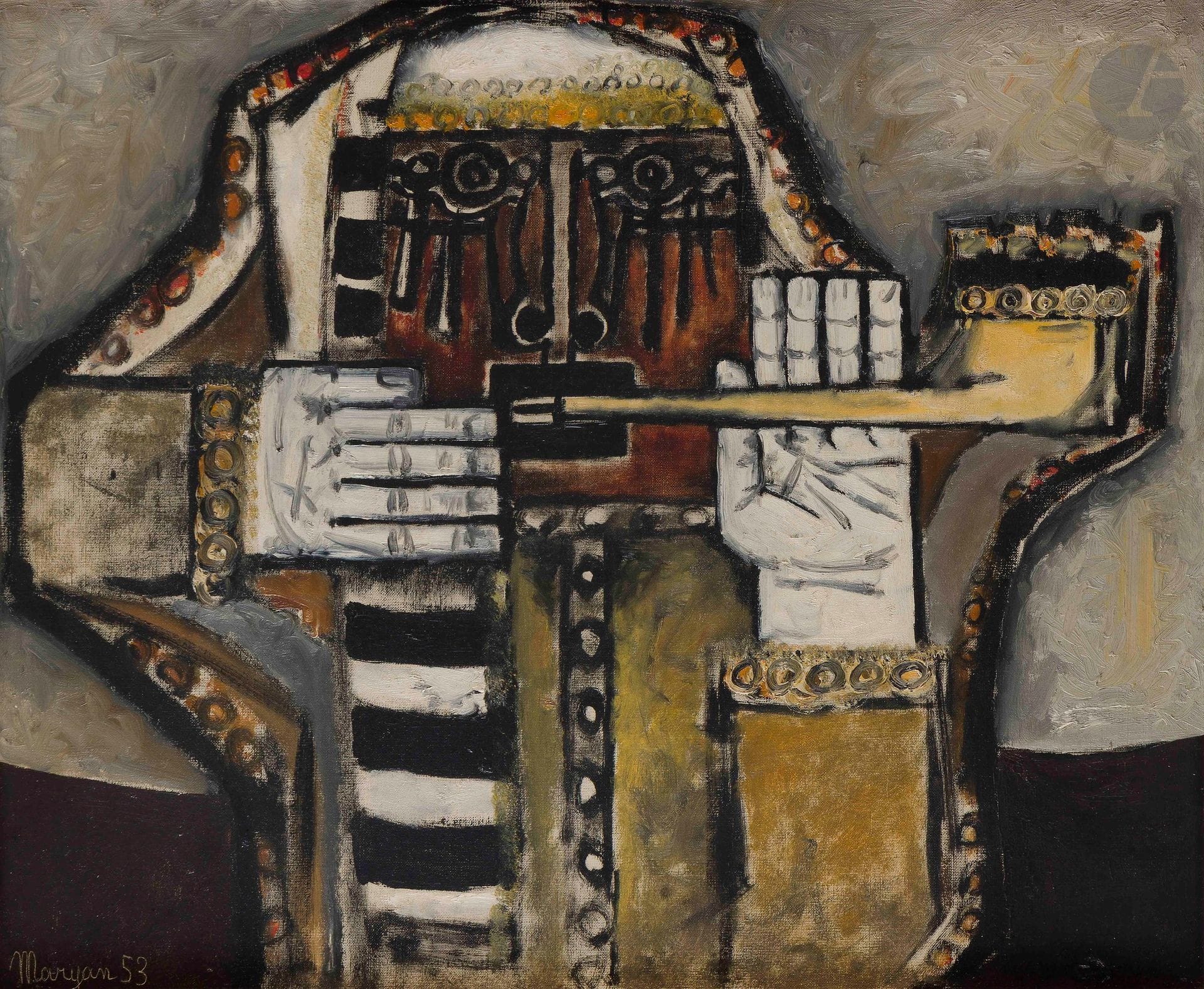 MARYAN (Pinchas Burstein dit) [polonais] (1927-1977) 
L’homme au shofar, 1953 
Huile sur toile. 
Signée et datée en bas à gauche. 
59 x 72,5 cm 
Cadre. 

Provenance : 
Gordon Gallery, Tel-Aviv.
Collection Mme Vogel acquis en 1990 auprès de la précédente. 

Exposition : 
Rétrospective Maryan, musée de Tel-Aviv, 31 juillet - 11 septembre 1979, n° 8 (étiquette sur le châssis). 

 Maryan est un artiste juif polonais profondément marqué par la Shoah. De sa famille déportée à Auschwitz, il est l’unique survivant. Devenu peintre, il expose pour la première fois en Israël en 1949, puis vit à Paris dans les années 1950 où il étudie à l’École nationale supérieure des beaux-arts avant de s’installer aux États-Unis au début des années 1960. 
Dans les années 1950, sa peinture balance entre une figuration géométrique et une abstraction dans laquelle on devine des corps, des visages et des formes animales. 
Dans cette œuvre, on retrouve l’influence du cubisme, de Fernand Léger, dont il a suivi les cours, ainsi que de l’art brut. À propos de sa démarche artistique, Maryan écrit : « En ce qui concerne ma peinture, je déclare officiellement que moi j’aurais plutôt appelé ma peinture, peinture-vérité ». Cette œuvre représente un juif religieux qui sonne du Shofar. Ce dernier est vêtu d’un Kittel et d’un Tallit. Son visage en pleurs est d’une grande expressivité. Les mains rectangulaires et blanches, disposées perpendiculairement dans la partie centrale du tableau, sont un motif récurrent dans l’œuvre de l’artiste.




Mots clés :
judaïca, juif, juive, hébreux, rabbins, jewish, torah, hebrew, hebraica, judaisme, synagogue, sionisme, pessah, pessach, haggada, haggadah, hagada, hagadah, passover, menora, menorah, hannuka, hannuca, hannoucca, hanouccah, torah, juden, israélite, Israël, antisemitism, antisémitisme, dreyfus, meguila, sepharade, sefarad, ketouba