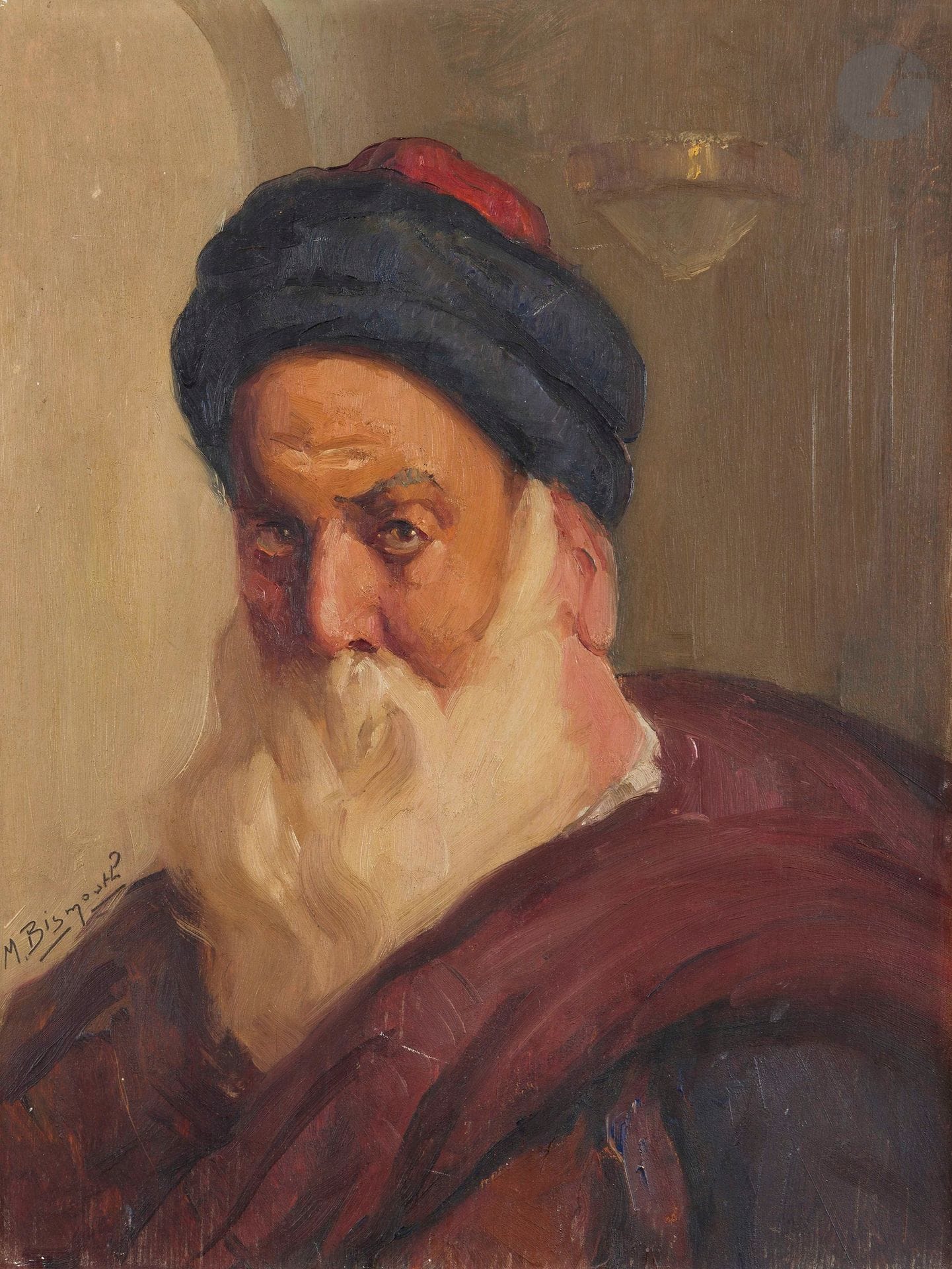 Maurice BISMOUTH (1891-1965) 
Portrait d’un rabbin 
Huile sur panneau. 
Signée en bas à gauche. 
(Griffures et petits manques).
45 x 36 cm 
Cadre.




Mots clés :
judaïca, juif, juive, hébreux, rabbins, jewish, torah, hebrew, hebraica, judaisme, synagogue, sionisme, pessah, pessach, haggada, haggadah, hagada, hagadah, passover, menora, menorah, hannuka, hannuca, hannoucca, hanouccah, torah, juden, israélite, Israël, antisemitism, antisémitisme, dreyfus, meguila, sepharade, sefarad, ketouba