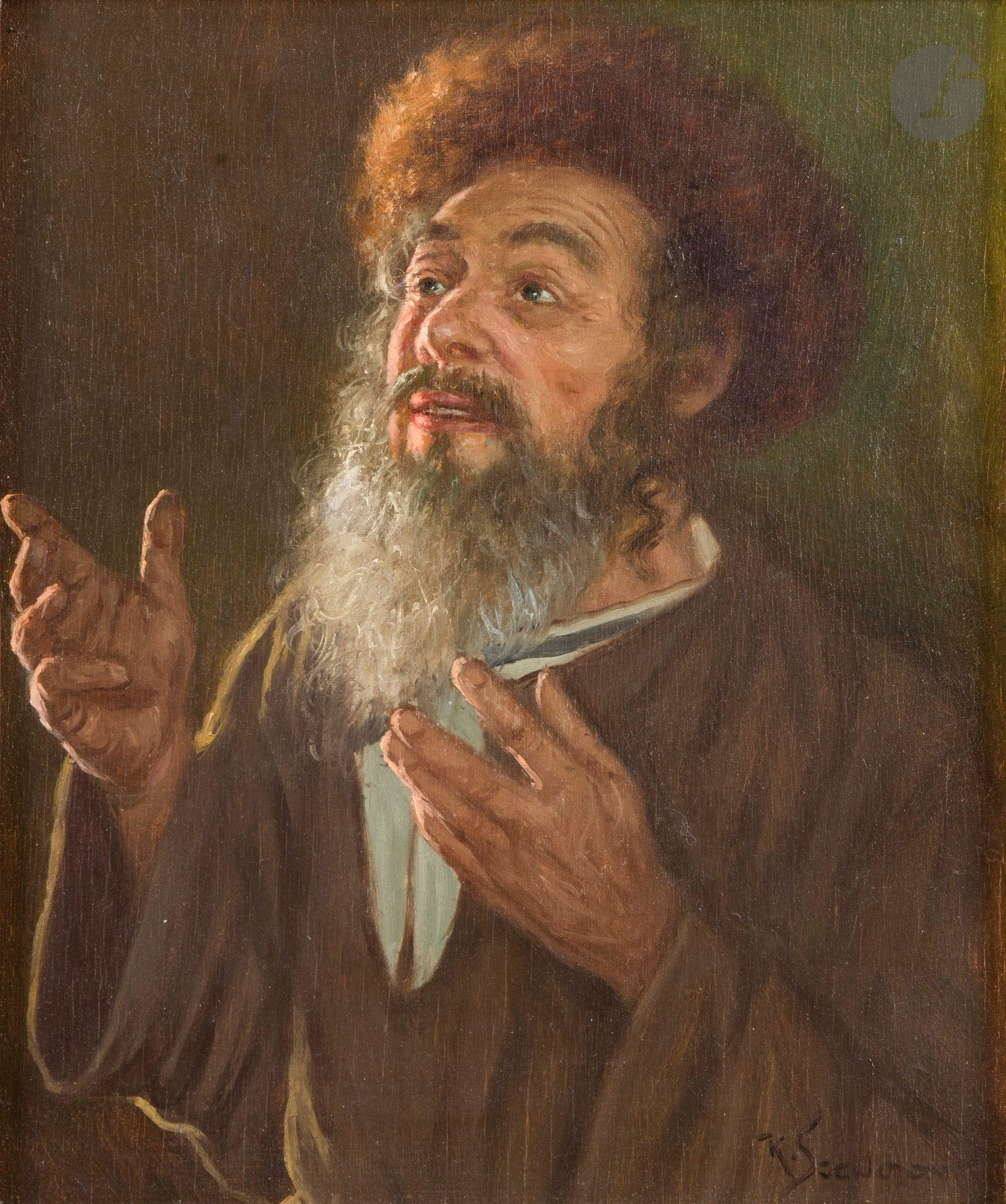Konstantin SZEWCZENKO (1915-1991) 
Juif au shtreimel 
Huile sur panneau. 
Signée en bas à droite. 
30 x 25 cm 
Cadre.

Exposition : 
Musée Narodowe, Varsovie, 1981 (tampon au dos).




Mots clés :
judaïca, juif, juive, hébreux, rabbins, jewish, torah, hebrew, hebraica, judaisme, synagogue, sionisme, pessah, pessach, haggada, haggadah, hagada, hagadah, passover, menora, menorah, hannuka, hannuca, hannoucca, hanouccah, torah, juden, israélite, Israël, antisemitism, antisémitisme, dreyfus, meguila, sepharade, sefarad, ketouba