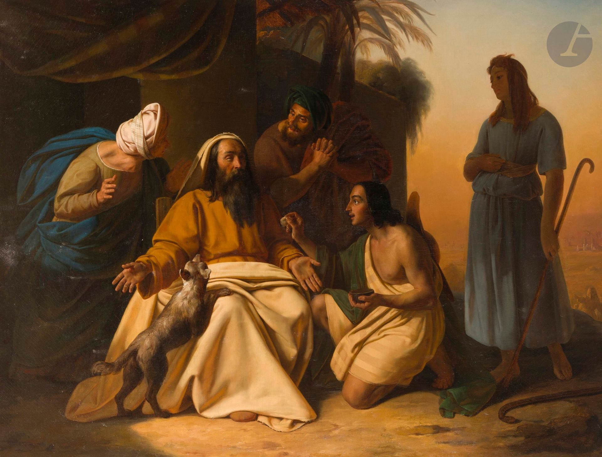 Jean MURAT (1807–1863) 
Tobias Restoring His Father’s Sight, 1835 
Oil on canvas. 
Unsigned. 
(Original canvas (Vallé &amp; Bourniche, Paris. Successors to Belot), tension strips, restorations, and non-original stretcher). 
113 x 145 cm 
Frame. 
 
Competition: 
Historical Painting, Grand Prix, Académie de France, Rome, April 7–September 26, 1835. 
 
Bibliography: 
Philippe Grunchec, Painting at the École des Beaux-Arts, The Prix de Rome Competitions (1797–1863), Volume II, Paris, École nationale supérieure des Beaux-Arts, 1986, Volume II, cited on pp. 326–327.




Keywords:
Judaica, Jew, Jewish, Hebrew, rabbis, Torah, Hebrew, Hebraica, Judaism, synagogue, Zionism, Passover, Haggadah, Passover, menorah, Hanukkah, Torah, Juden, Israelite, Israel, antisemitism, Dreyfus, Megillah, Sephardic, ketubah