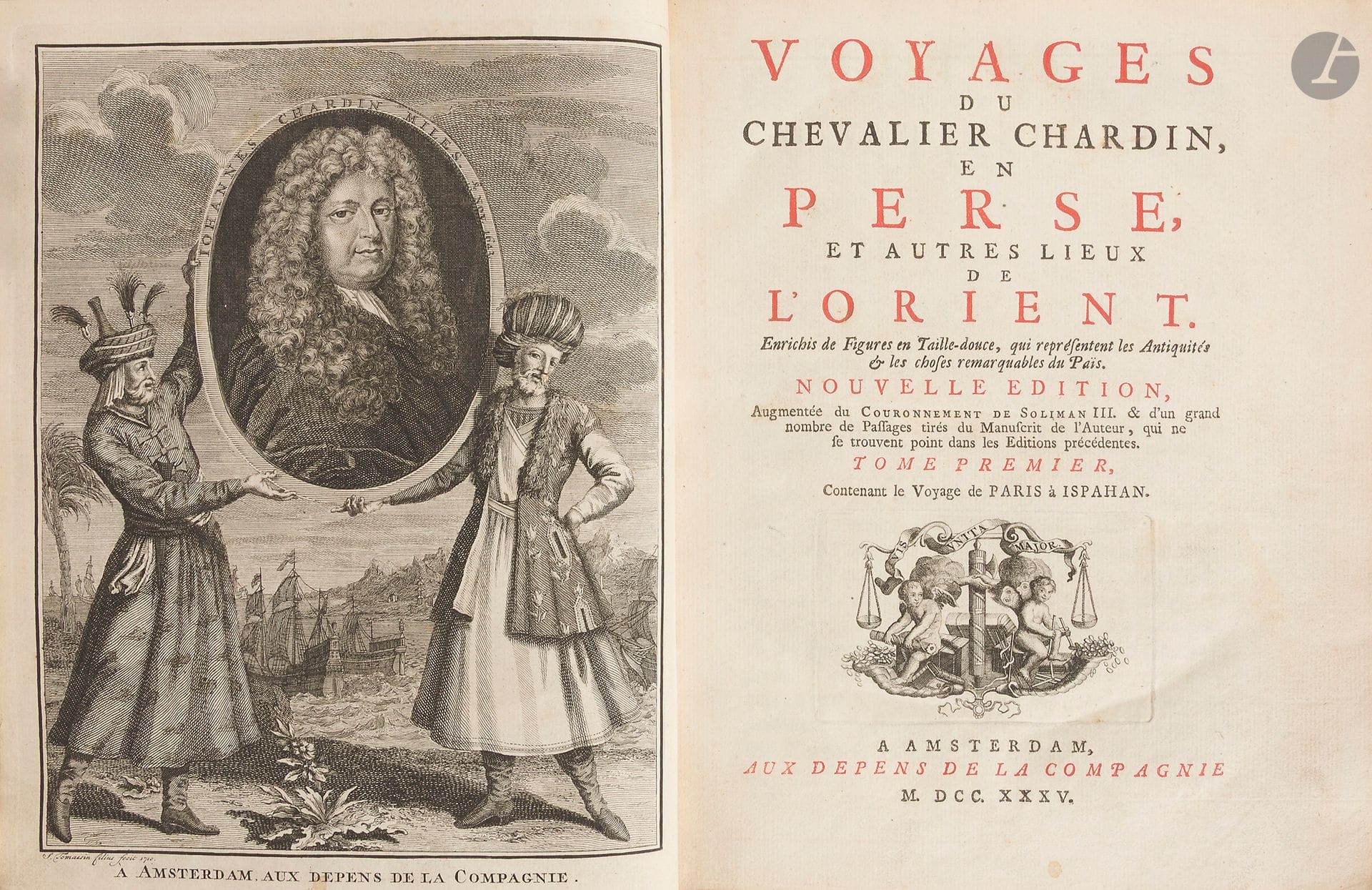 CHARDIN (Jean).
Voyages du chevalier Chardin, en Perse, et autres lieux de l’Orient.
Amsterdam: Aux dépens de la Compagnie, 1735. — 4 volumes in-4, 247x202: frontispice, (7 ff.), 390 pp., 1 carte, 17 planches; (2 ff.), 359 pp., 45 planches; frontispice, (3 ff.), 437 pp., 15 planches; (3 ff.), 324 pp., (15 ff.), 1 planche. Demi-basane fauve raciné, dos à nerfs orné (reliure moderne)

Édition ancienne la plus complète des Voyages de Chardin, œuvre majeure du XVIIe siècle et source historique incontournable sur la culture et la civilisation persanes.

Largement diffusé en Europe dès le début du XVIIIe siècle, cet ouvrage a joué un rôle fondateur dans la connaissance de la Perse et du Moyen-Orient, nourrissant la pensée des Lumières. Les philosophes et écrivains, comme Montesquieu, y puisèrent des arguments pour critiquer les régimes despotiques, ce dernier s’inspirant notamment de ses descriptions pour composer les Lettres persanes. Il est toujours considéré par les spécialistes comme un témoignage d’une grande valeur, conservant aujourd’hui encore un intérêt important pour comprendre l’Iran safavide et ses interactions avec l’Europe.

Contrairement à la première édition, qui s’interrompt en 1673, celle-ci propose l’intégralité du texte original, enrichi du Couronnement de Soliman III (publié séparément en 1676) ainsi que de passages inédits, puisés dans les manuscrits de l’auteur et expurgés des éditions précédentes.

L’édition est illustrée de deux frontispices identiques, signés par Henri Simon Thomassin (1687-1741), situés dans les tomes 1 et 3, d’une vignette sur chaque titre, de 5 très beaux bandeaux historiés, d’une carte et de 78 planches dont de nombreuses dépliantes.

Exemplaire en modeste reliure moderne à l’imitation.
Dos légèrement passés. Feuillets brunis, rousseurs éparses et parfois quelques taches.

Provenance:
Note manuscrite en allemand, datée de 1848, sur la garde ancienne conservée dans le premier volume.