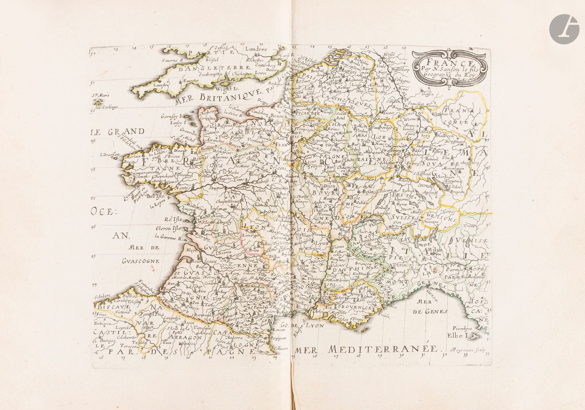 SANSON, N.
 L’Asie / L’Afrique / En Plusieurs Cartes Nouvelles. . . / L’Europe dédiée à monseigneur le Tellier.
Paris, l’Autheur, 1652-1656. 

Trois volumes petit in-4. Vélin de l’époque. Reliures usagées. Petit cachet rectangulaire illisible affectant les feuillets blancs ainsi que certaines cartes dans l’angle inf. droit. Manque important de vélin au premier plat de l’Asie, mouillures en fin de volume en partie inf., cachet illisible dans l’angle inf. droit de la carte d’Arabie. Afrique: taches brunes affectant la carte de Barbarie, cachet illisible dans l’angle inf. droit de la carte, quelques mouillures marginales dans le texte.

Ensemble de 3 volumes sur 4 en édition originale des atlas de Sanson comprenant l’Asie (17 cartes), l’Afrique (18 cartes) et l’Europe (12 cartes), dont les cartes ont été finement coloriées aux limites à l’époque. Celles-ci sont accompagnées de feuillets de texte explicatif.

L’atlas de l’Asie comprend d’importantes cartes du Japon et des Philippines ainsi qu’une carte de l’Arabie représentant Bahreïn orthographié «Baharem». Comme Sanson a été le premier cartographe français à avoir accès aux relevés des Jésuites qui venaient d’arriver de Chine, son travail apporte des informations inédites.

Les premiers atlas publiés par Sanson, un pionnier dans la production d’atlas et dans le fait de faire de la cartographie une science, étaient des atlas in-4 des continents. La plupart des cartes sont gravées spécialement pour ces ouvrages et ne sont pas des réductions de cartes plus grandes déjà publiées. Il édita seul les atlas in-quarto des quatre continents. Ces atlas furent largement répandus grâce aux éditions étrangères dont ils firent l’objet et qui regroupèrent les quatre ouvrages sous le titre général de «Description de tout l’univers».

Pastoureau, Les atlas français XVIe-XVIIe siècles, Sanson III A.