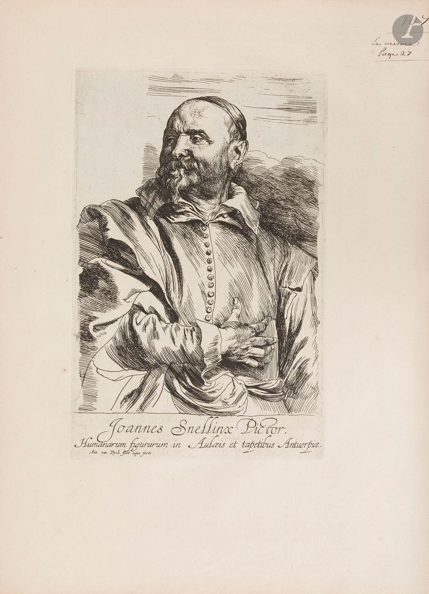 VAN DYCK (Anthony).
[Icones principum virorum doctorum pictorum chalcographorum statuariorum nec non amatorum pictoriae artis numero centum].
S.l., vers 1665-1675. —Recueil grand in-4, 376x294: 121 planches. Chagrin noir, filets à froid en encadrement sur les plats, dos à nerfs orné, tranches rouges (reliure du XIXe siècle).

Mauquoy-Hendrickx, L’Iconographie d’Antoine Van Dyck, 1991.

Précieux recueil de 121 portraits gravés par ou d’après le célèbre peintre et graveur flamand Anthony VAN DYCK (1599-1641).

Ils proviennent pour la majorité du recueil Icones principum virorum… 

Anthony van Dyck (1599-1641), considéré comme le plus grand peintre flamand du XVIIe siècle après Rubens, puisa son inspiration aussi bien dans l’œuvre de son aîné que dans celle des maîtres italiens, notamment Titien, dont l’influence marqua profondément son style. Portraitiste virtuose, peintre de sujets religieux et mythologiques, mais aussi dessinateur et graveur d’exception, il révolutionna l’art du portrait, tant en peinture qu’en eau-forte.

Originaire d’Anvers, il se distingua très tôt par un talent exceptionnel. Dès 1615–1616, à seulement 17 ans, il signait déjà ses premières œuvres en toute indépendance. Après un premier passage en Angleterre au service de Jacques Ier (1621), il s’installa en Italie (1621-1627), où ses portraits de l’aristocratie, comme celui des Enfants Balbi, lui valurent une renommée immédiate.

De retour aux Pays-Bas, il s’établit définitivement à la cour d’Angleterre en 1632. Ses effigies de Charles Ier et de sa famille y révolutionnèrent l’art du portrait, marquant durablement l’histoire artistique britannique.

En parallèle, Van Dyck menait un projet graphique audacieux: une série d’estampes conçue entre son retour d’Italie (1626) et son départ pour l’Angleterre (1632). Fondée sur des dessins préparatoires d’une grande finesse (à la craie ou au pinceau), cette entreprise mobilisa les meilleurs graveurs de l’atelier de Rubens, tout en comptant parmi ses pièces maîtresses des planches gravées de sa main, comme le saisissant portrait de Pieter Brueghel le Jeune.

La première édition de ce recueil, intitulé Icones principum virorum…, parut de manière incomplète à Anvers entre 1635 et 1636. Après la mort de Van Dyck, les planches originales furent probablement acquises par Maarten van den Enden, puis transmises à Gillis Hendricx. Ce dernier en publia une édition complète en 1645, ornée d’un frontispice gravé par Jacob Neefs, et continua à les diffuser jusqu’à sa mort en 1677. Des rééditions virent le jour aux XVIIe et XVIIIe siècles, notamment grâce à Johannes Meyssens, qui y ajouta 74 portraits supplémentaires dans le même esprit. 

Le présent recueil reprend les portraits de l’édition de 1645, dans un tirage postérieur, sans les mentions d’éditeurs, et comprenant le filigrane de la folie à 7 dents, celui référencé sous le numéro 115 par Mauquoy-Hendrickx, situant le tirage entre 1665 et 1675.

Sur les 109 premiers portraits que l’on trouve ici, 13 ont été dessinés et gravés par Van Dyck lui-même. Il s’agit de ceux représentant les peintres Willem de Vos ou Guillaume de Vos (vers 1593 - vers 1629), Frans Sniders (1579-1657), Paulus Pontius (1603-1658), Pieter Bruegel le jeune (1564-1638), Giusto Sustermans (1597-1681), Josse de Momper (1564-1635), Adam Van Noort (1562-1641), Jan Baptiste de Wael, Joannes Snellinx, Jan Bruegel (1568-1625), Franciscus Franck, le graveur Lucas Vorsterman (1595-1675), et l’humaniste Erasme (1469-1536). Le portrait du peintre Joannes Snellinx est en deux exemplaires, l’un gravé par Van Dyck, le second par Pieter de Jode.

Quatre portraits sont des portraits de femmes: Marie de Médicis (1573-1642), Isabelle-Claire-Eugénie, infante d’Espagne (1566-1633), Geneviève d’Urfé (1598?-1656), Marguerite de Lorraine, duchesse d’Orléans (1615-1672).

À la suite figure la superbe série des douze portraits, connue sous le nom des Comtesses de Van Dyck, gravés par le graveur français Pierre Lombart (1612-1681), figurant des comtesses et barons d’Angleterre. Cette série fut gravée au début des années 1660.

Frottements à la reliure, coiffes abîmées, coins émoussés. Premier plat et dos défait du corps d’ouvrage. Salissures à certaines planches et quelques rares rousseurs. Mouillures à la troisième planche et restaurations à cette même planche et aux planches 4, 22, 46, 61, 67, 86, et 96, avec atteinte seulement à la gravure 22.