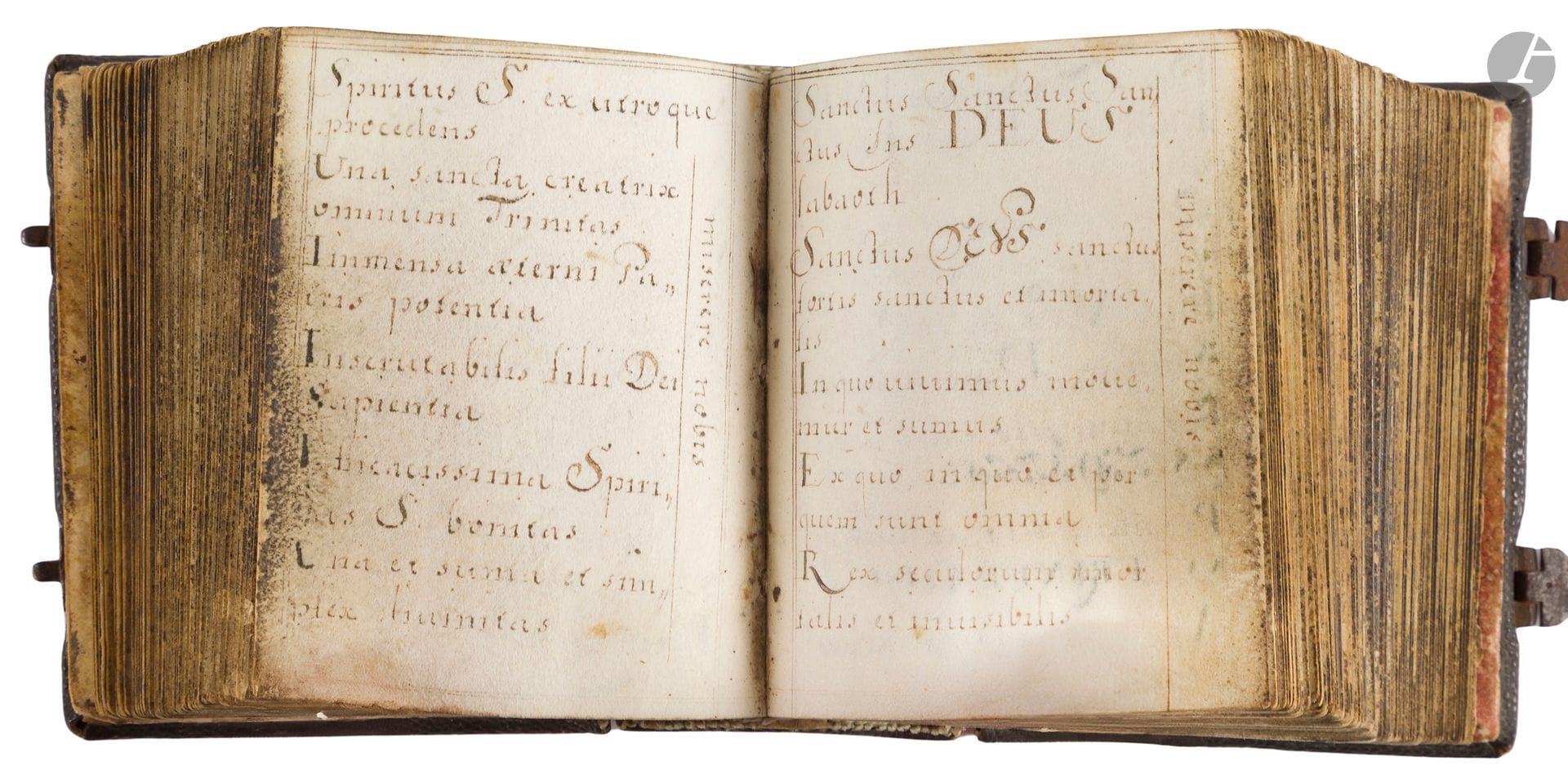 [MANUSCRIT]. [RELIGION]. [JESUITS] 
Enchiridion orationum... 
Collection of prayers written in a Jesuit environment. 
In Latin and German, manuscript on parchment. 
Germany, 1625-1650 (necessarily after the canonization of St. Ignatius Loyola and St. Francis Xavier in 1622). 
 
158ff, preceded and followed by two endpapers, cursive and Roman script in brown ink, ornate title and ornate cul-de-lampe, pen-and-ink drawings. 
 
Contemporary black shagreen binding, smooth spine, marbled paper countersleeves and endpapers, brass clasps (period binding). 
Size: 83x70mm 

This small collection of prayers is preserved in its original condition, from its binding to the texts it contains. A Jesuit origin can be deduced from the presence in the litanies of saints such as St. Ignatius and St. Francis Xavier, both saints honored by the Jesuits. A close friend of Saint Ignatius of Loyola (1491-1556), Saint Francis Xavier (1506-1552), "Apostle of the Indies", was one of the co-founders of the Society of Jesus. Saint Ignatius of Loyola was also canonized by Pope Gregory XV in 1622. 
 
Text: ff. 1-21v, Prayers and title (fol. 2): Enchiridion orationum. - ff. 22-39v, Seven penitential psalms. - ff. 40-62v, Litanies (note the prominence given to St. Francis, followed by St. Ignatius and St. Francis Xavier), followed by prayers. - ff. 63-63v, blank page. - ff. 64-72, Prayers and litanies for the days of the week. Sunday. ff. 73-73v, blank page. ff. 74-84v, Prayers and litanies for the days of the week. Monday. ff. 85-96, Prayers and litanies for the days of the week. Tuesday. - ff. 96v-97v, blank leaves. - ff. 98-120v, Prayers and litanies for the days of the week. Wednesday. - ff. 121-121v, Excerpt from the Gospel according to Saint John. - ff. 122-130, Prayers and litanies for the days of the week. Thursday. - ff. 130v-131v, blank leaves. - ff. 132-137v, Prayers and litanies for the days of the week. Friday. - ff. 138-138v, blank pages. - ff. 139-158v, Prayers and litanies for the days of the week. Saturday.