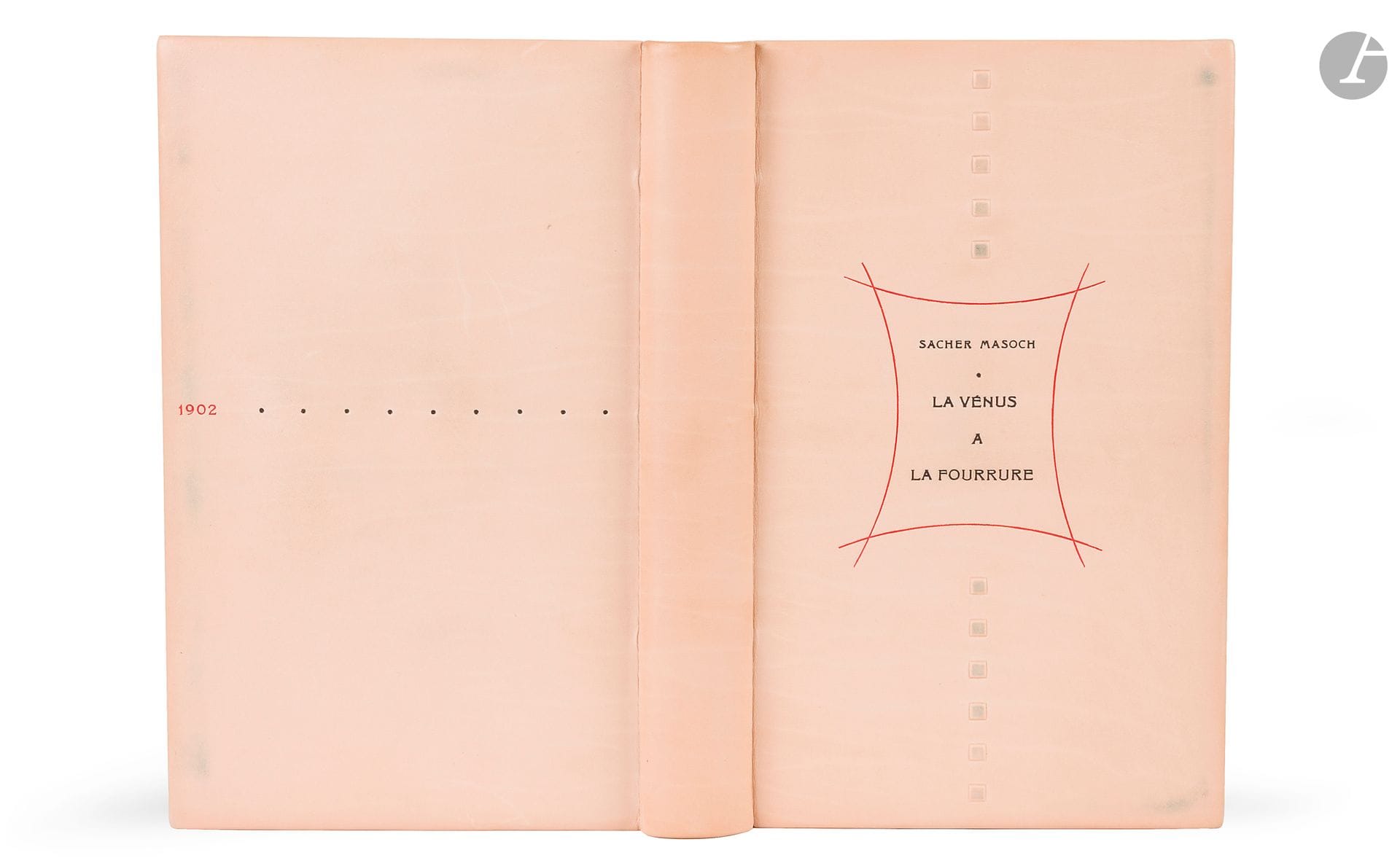 SACHER-MASOCH (Leopold von).
La Vénus à la fourrure. Roman sur la flagellation.
Paris: Charles Carrington, 1902. — in-8, 214x134: frontispice, (5 ff.), XXXVII, 216 pp. Box couleur chair, bande verticale de carrés en léger relief, coupé par la mention de l’auteur et du titre en noir, encadrés de 4 filets rouges incurvés, au centre du premier plat, date 1902 en rouge et bande horizontale de 9 points noirs au centre du second plat, dos lisse muet, doublures et gardes de velours rouge, non rogné, emboîtage de velours beige, doublé de velours noir (Éloïse Baille).

Binet, Martin Van Maele ou le diable se cache dans le détail, 2017, 133.

Première édition française, traduite de l’allemand et préfacée par Raphaël Ledos de Beaufort.

Ce texte, paru pour la première fois en 1870 sous le titre Venus im Pelz, est un roman érotique autobiographique explorant les thèmes du masochisme, du fétichisme et de la domination féminine. L’auteur, sous les traits du personnage de Séverin, y décrit sa quête d’une relation où il incarne l’esclave soumis à une femme cruelle et dominante, Wanda von Dunajew, vêtue de fourrure.

L’édition est illustrée d’un frontispice d’après Bakalowicz et de 20 vignettes dans le texte dont deux de Martin van Maele (pp. 149 et 169).

Tirage unique à 500 exemplaires numérotés sur hollande (n° 261).

Très bel exemplaire en reliure originale d’Éloïse Baille, non signée.
Le velours noir des doublures de l’emboîtage a laissé par endroits des traces sur les plats. Rousseurs éparses.