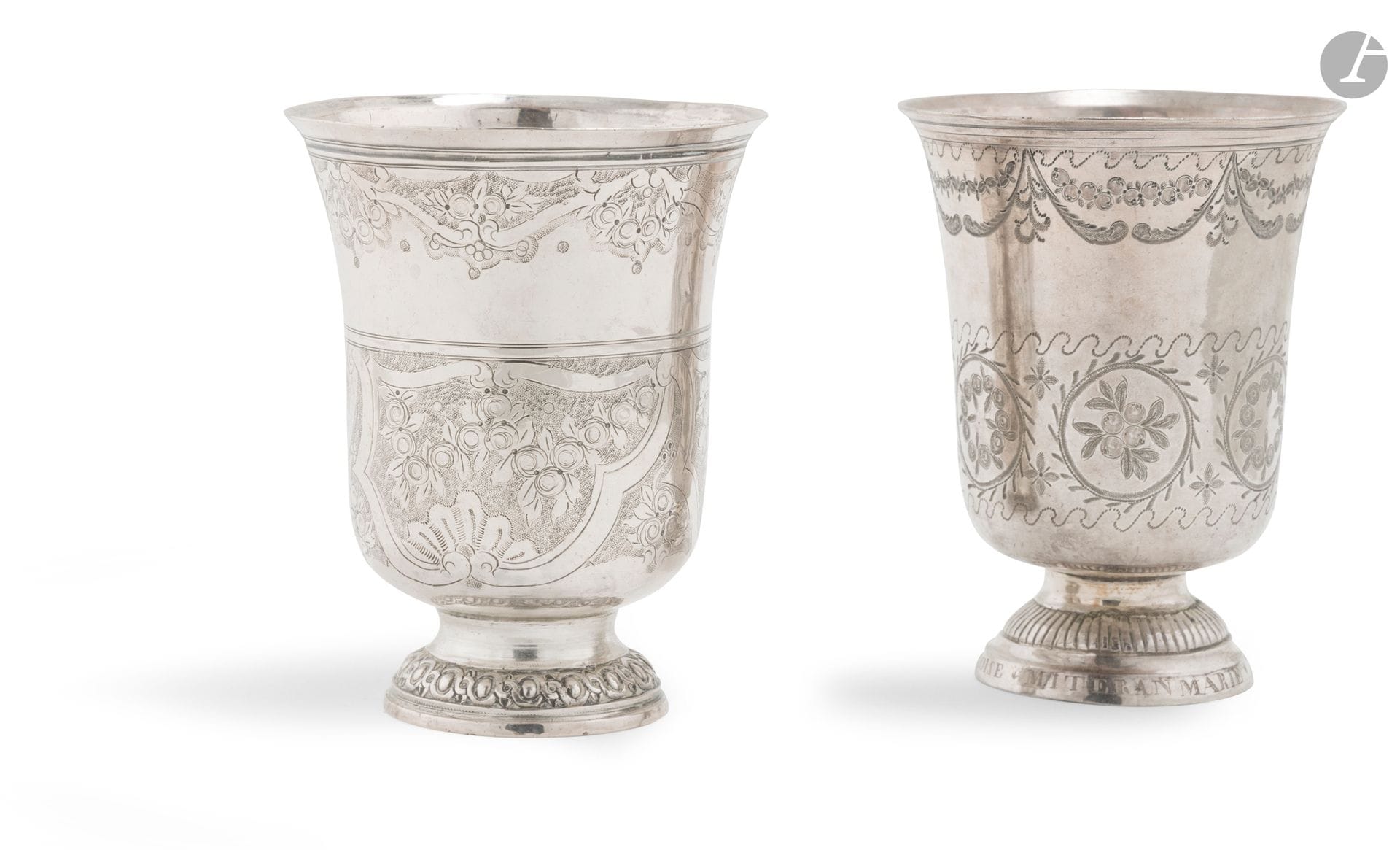ORLEANS 1798 - 1809 AND PARIS 1772 - 1773
Two silver tulip-shaped kettledrums engraved on two registers:
- ORLEANS: pedestal embossed with gadroons, engraved around the rim: MITERAN MARIE BEZE JEANNE J. GABARD, engraved with flowers in medallions between two rows of waves and flowery draperies at the top.
Goldsmith: Louis Omer PIESSE
- PARIS 1772 - 1773: chased with ovals and interlacing, engraved with flowering foliage at the top and bottom on a ground of amatis.
Master goldsmith: Jean-Etienne de PARIS, received in 1736.
Weight : Orléans 129 g - Paris : 119 g