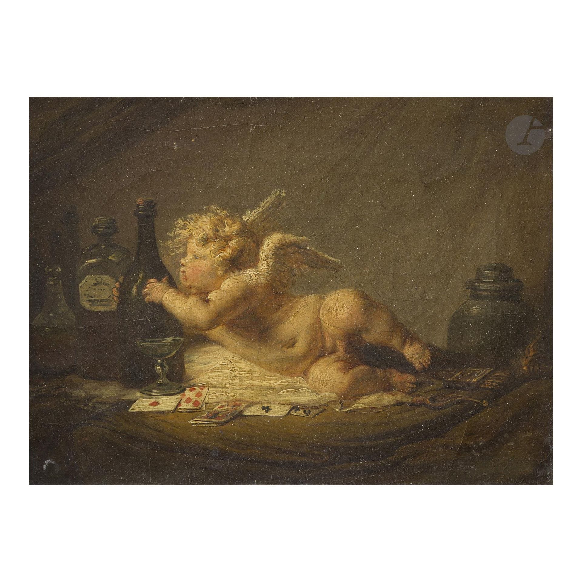 Attributed to Théophile FRAGONARD (1806-1876)
L'Amour joueur
Canvas
16.5 x 22 cm
Bearing an illegible inscription "Fragonard" on the lower right and "n°15 Fragonard" on the reverse.
Old restorations