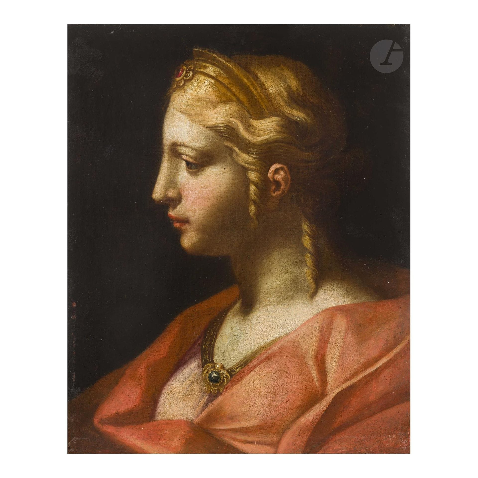 17th-century Bolognese school
Profile of a woman, a Sibyl ? Cleopatra?
Canvas
36.5 x 29.5 cm
Unframed
Label on stretcher: "P.300" and an inscription "Clo... "
Old restorations