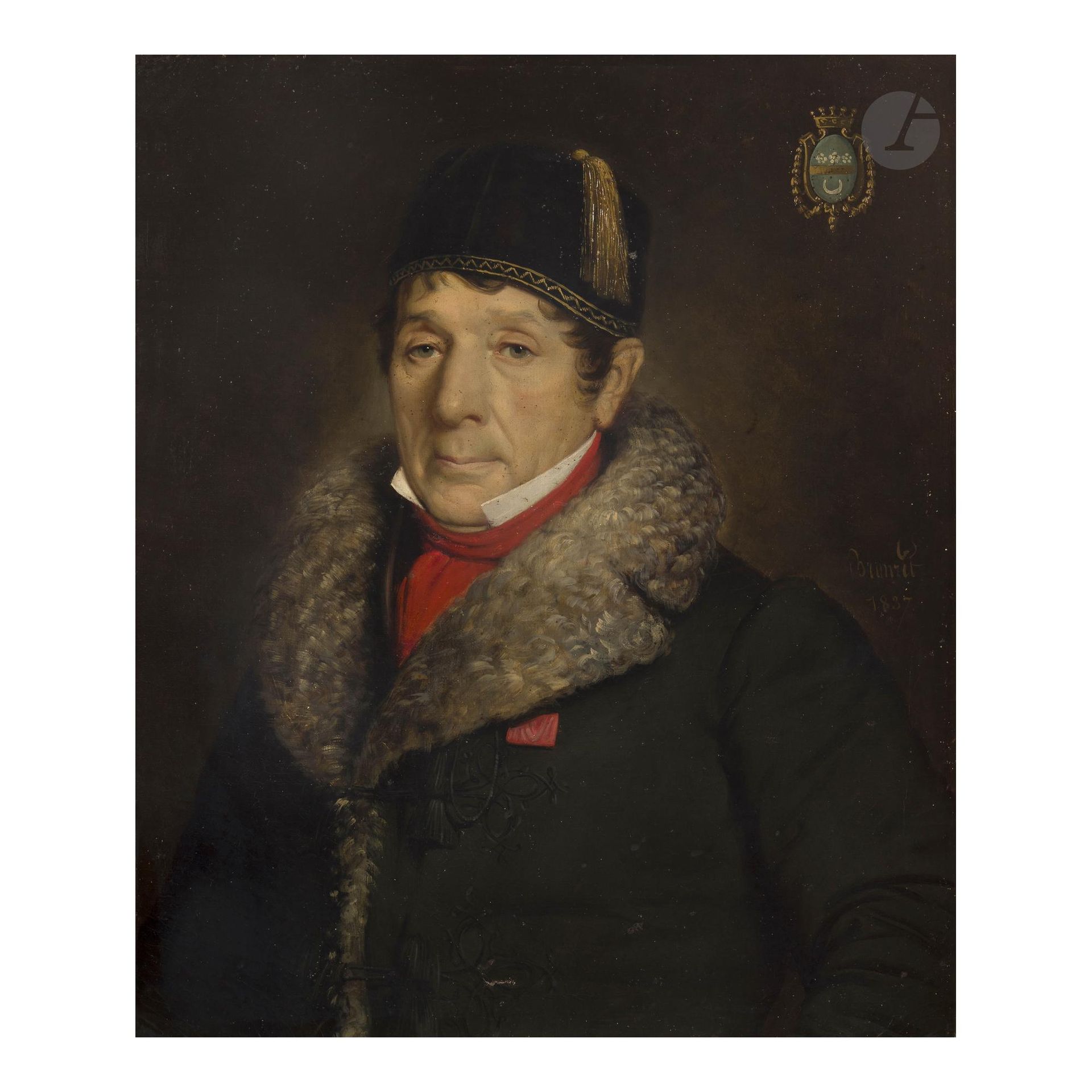 Jean BRONZET (? 1810 - ? 1876)
Portrait de Marc-Antoine du Cayla de Montblanc portant un manteau au col d'astrakan (1767 - 1857)
Toile d'origine
65,5 x 54 cm
Signé et daté en bas à droite " Bronzet / 1837 " ; porte en haut à droite les armoiries de la famille du Cayla de Montblanc

Provenance : 
Château de Ternant

Jean Bronzet est un peintre marseillais de compositions religieuses et de portraits, élève d'Augustin Aubert, directeur de l'École et du Musée de Marseille de 1810 à 1845.
Marc-Antoine du Cayla de Montblanc est né à Saint-Chély, commune de Montpellier. Il est maire d'Aumont-Aubrac en 1792, il commande la garde nationale de cette ville. Il est chevalier de la Légion d'honneur en 1833 et député de la Lozère de 1831 à 1834.