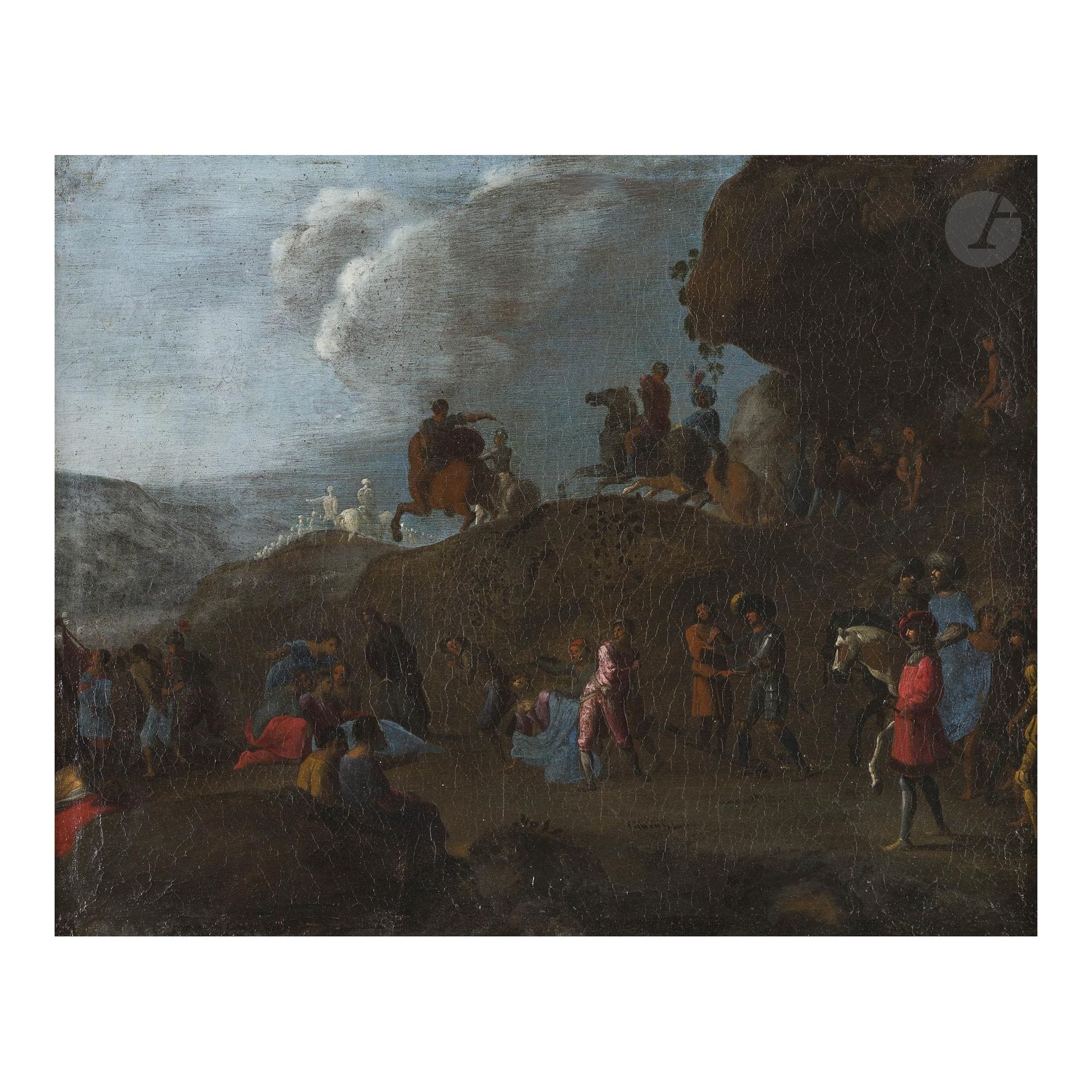 Attributed to Filippo d'ANGELI known as Filippo NAPOLETANO (circa 1590 - 1629)
The Carrying of the Cross
Canvas
50.5 x 63 cm
Numbered on a label on the reverse of the stretcher "13".
Old restorations