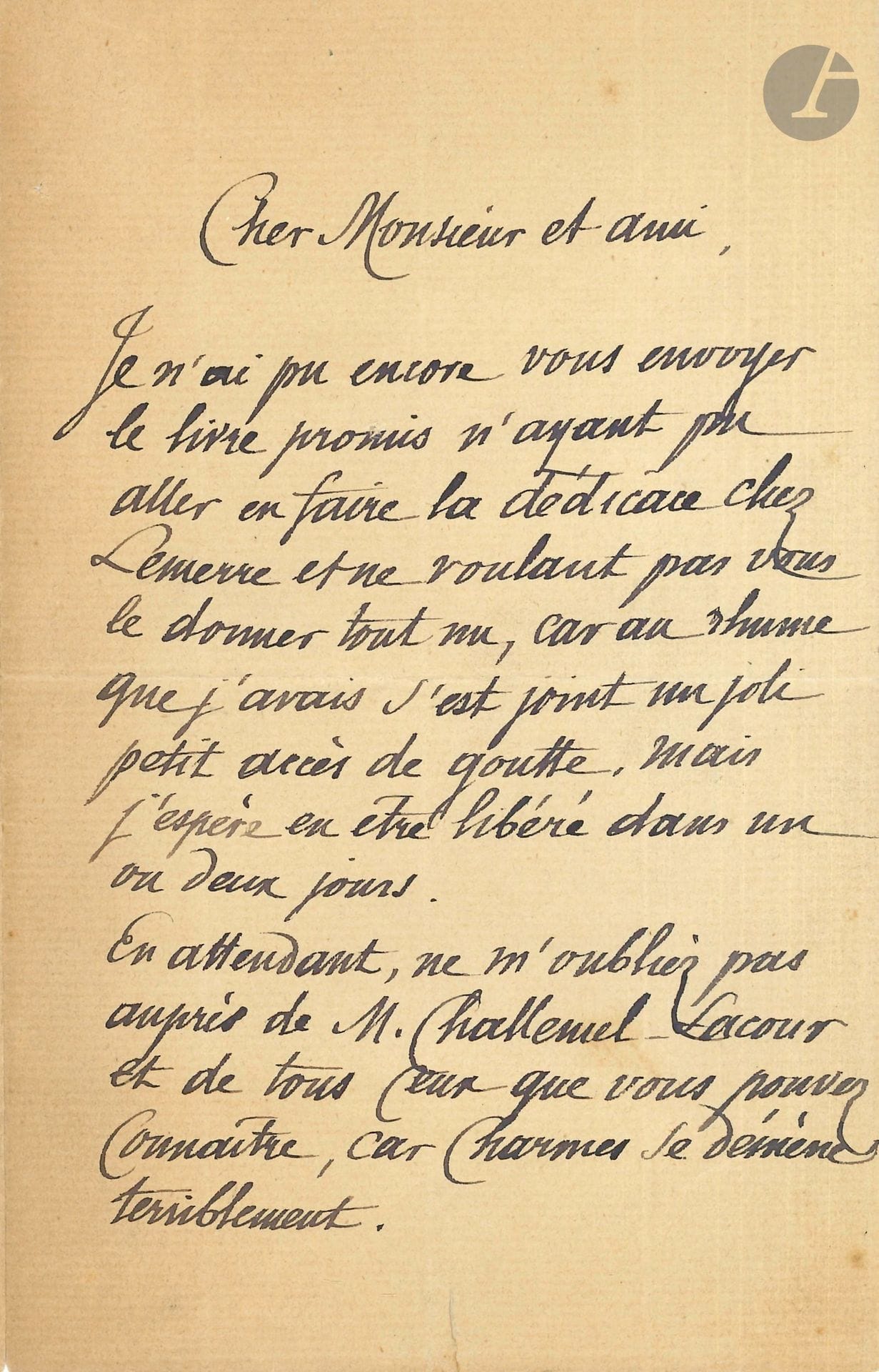 José-Maria de HEREDIA. L.A.S., 15 novembre 1893, à un ami ; 1page et demie in-8 (fente au pli central).
Candidature à l’Académie. Un rhume l’a empêché d’envoyer son livre [Les Trophées], «n’ayant pu aller en faire la dédicace chez Lemerre et ne voulant pas vous le donner tout nu». Quant à sa candidature à l’Académie française: «ne m’oubliez pas auprès de M. Challemel-Lacour et de tous ceux que vous pouvez connaître, car Charmes se démène terriblement. […] Ma lettre de candidature sera lue Jeudi prochain à l’Académie».