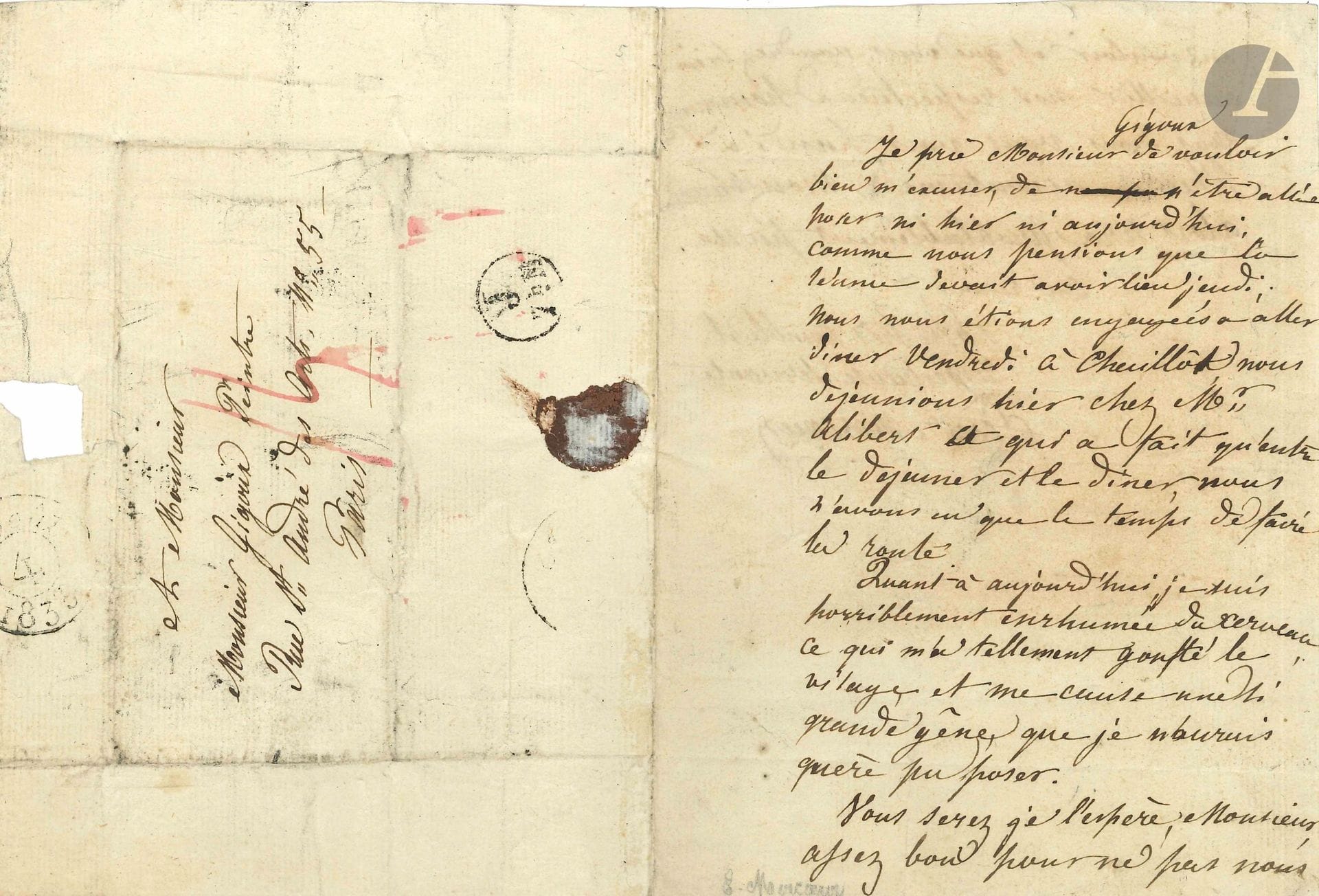 Élisa MERCŒUR (1809-1835). L.A.S., [August 4, 1833], to painter Jean Gigoux; 1 1/2 pages in-8, addressed.
She was unable to come and pose for her portrait, having lunch at Dr. Alibert's; she now has a cold in her brain, which has swollen her face. She will come on Monday at the usual time. [Gigoux's portrait of the poetess appeared in the Journal des Femmes of August 10, 1833].
