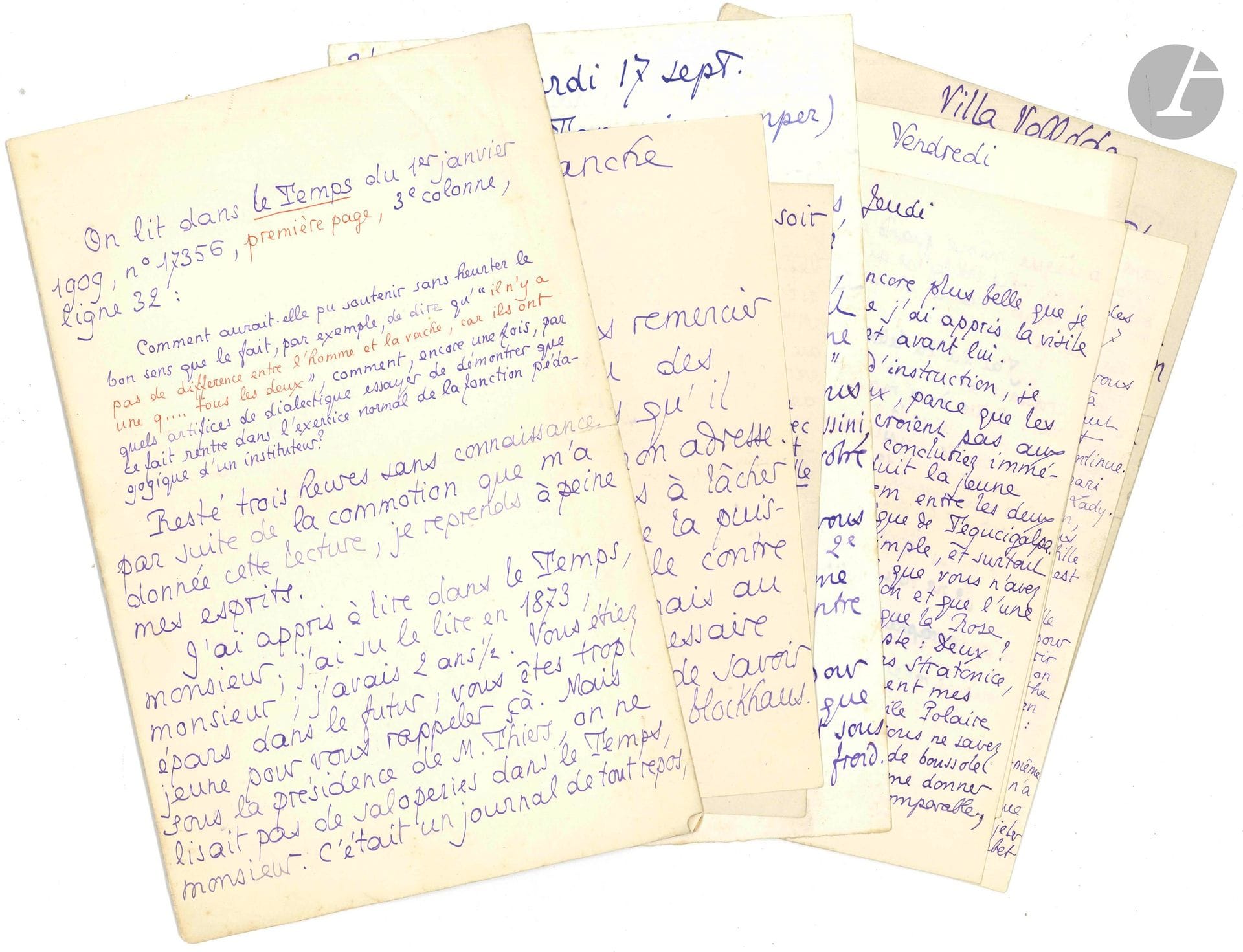 Pierre LOUŸS. 10 L.A.S. «P.L.», [vers 1909-1911], à Claude Farrère ; 25pages in-8 à l’encre violette, 3 enveloppes timbrées.
Piquante correspondance. Louÿs donne son avis sur les dictionnaires Larousse, et juge que «le Larousse pour tous en deux volumes est de beaucoup le plus utile, le plus pratique et le mieux fait»… Conseils littéraires: «Vous n’êtes pas raisonnable de faire trois romans par an. Vous vous tuerez ; je vous le dis en tremblant». Réaction faussement scandalisée contre Le Temps qui a imprimé (1er janvier 1909) qu’«il n’y a pas de différence entre l’homme et la vache, car ils ont une q… tous les deux. […] Sous la présidence de Thiers, on ne lisait pas de saloperies dans le Temps»… Description avec force détails de la cérémonie d’initiation des jeunes filles de la High School de Bridgeport lue dans le New-York Herald du 6 mai 1910: «Les petites filles américaines ont donc toutes Justine dans leur pupitre !». Citation et commentaire d’une chanson gaillarde sur «la fille à Dangeau», qu’on chantait aux chasses de la duchesse d’Uzès en remplaçant le 1er vers par «Le duc de Bordeaux !»… Nouvelles de Toulon, histoires de femmes et fâcheries: «Tamaris moisit sous la pluie. […] La Dame au Ruban rose est partie pour le Dauphiné avec son époux. […] Je suis devenu l’ami intime de la belle dame aux gros tétons sur laquelle vous jetiez des regards concupiscents». Il évoque une Mlle Véga qui en 1890 «vêtue d’une simple gandourah bleue, faisait la roue par terre devant les cafés d’Alger», cause de sa brouille avec X.. Etc.