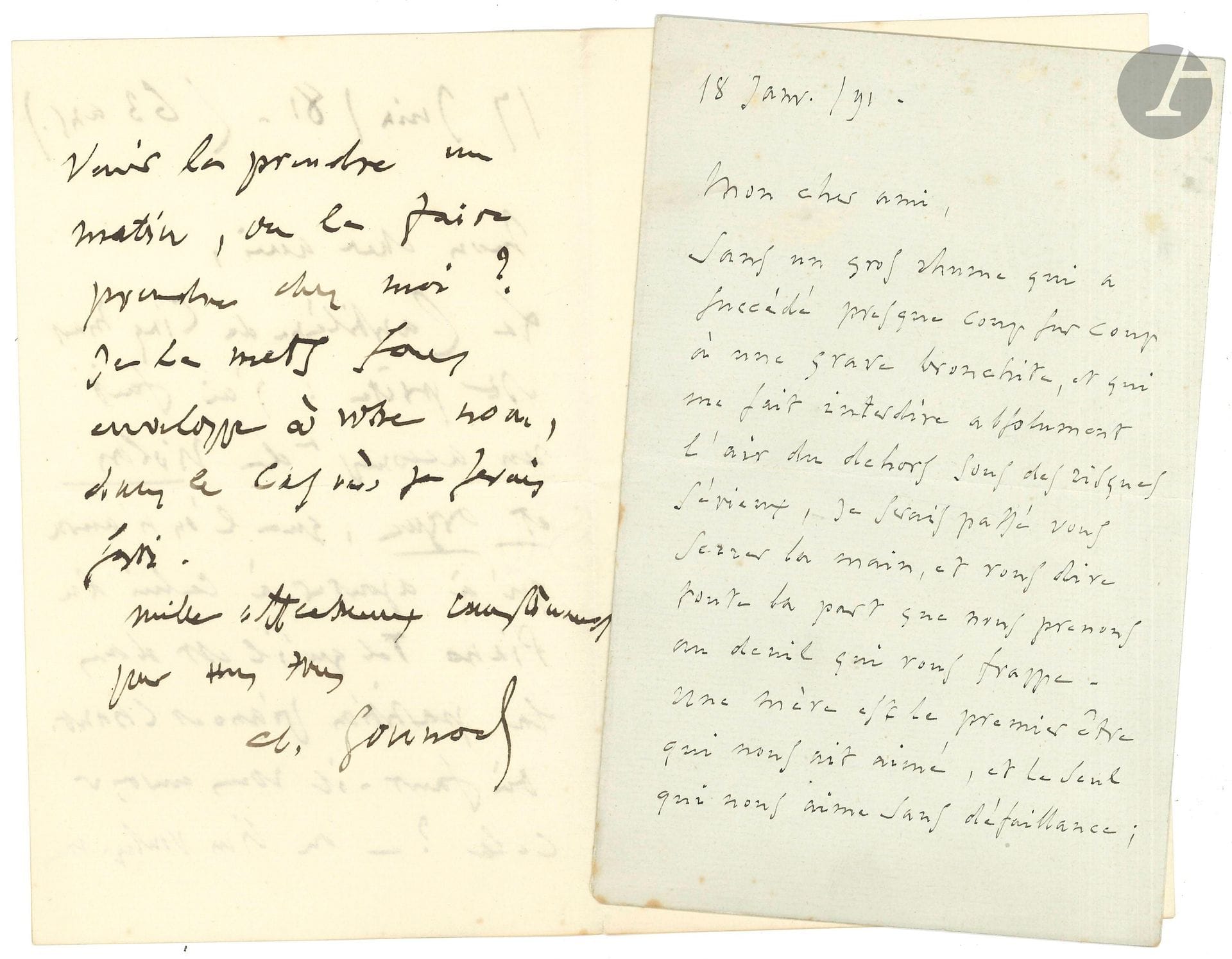 Charles GOUNOD (1818-1893). 2 L.A.S., 17 juin 1881 et 18 janvier 1891 ; 3 pages et demie in-8.
17 juin 1881 (Il note qu’il a 63 ans). «La Cantilène de Cinq Mars est prête: j’ai fait mon accompt de violon et orgue, que l’on n’aura qu’à ajouter à celui du Piano tel qu’il est dans la partition piano et chant»… – 18 janvier 1891. La maladie l’empêche de sortir, mais il prend part au deuil de son correspondant: «Une mère est le premier être qui vous ait aimé, et le seul qui vous aime sans défaillance. […] Il y a eu avant-hier 33 ans que j’ai eu la douleur de perdre la mienne, et chaque jour m’est resté un anniversaire de celui-là»…