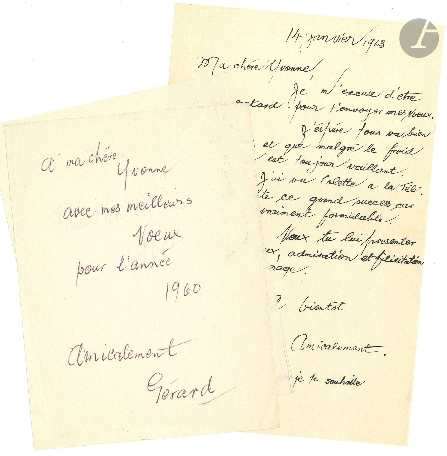 Gérard SEKOTO (1913-1993). P.A.S. «Gérard» et L.A., 1960-1963, à sa chère Yvonne ; 3pages in-8.
Vœux pour 1960. – 14 janvier 1963: «J’espère tous va bien avec toi, et que malgré le froid ton cœur est toujour vaillant. J’ai vu Colette à la télé. Elle mérite ce grand success car elle est vraiment formidable»…