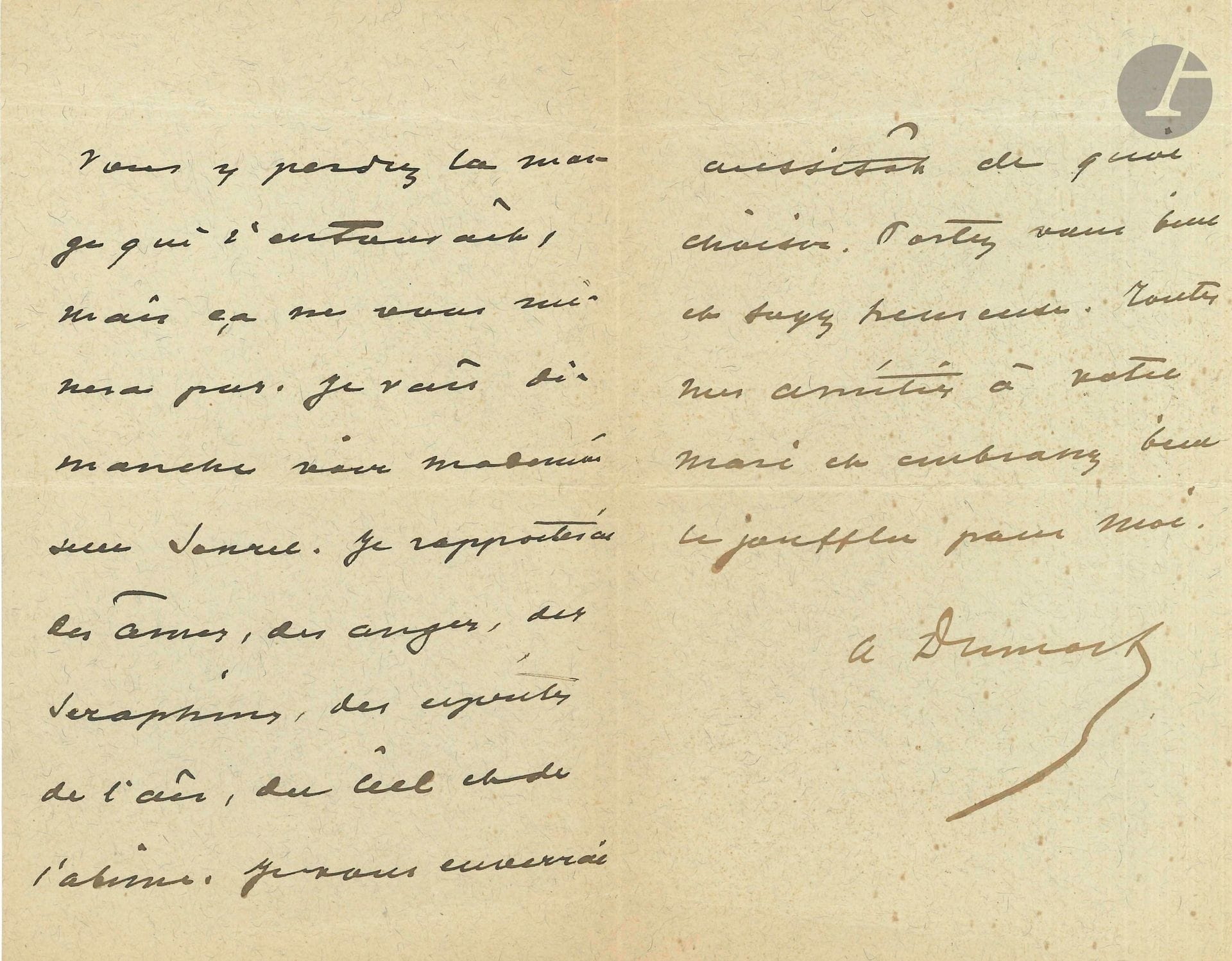 Alexandre DUMAS fils (1824-1895). L.A.S., [Marly-le-Roi 21 juin 1893], à Mme Blanche Canamisi au Pavillon Henri IV à Saint-Germain en Laye ; 2 pages et demie in-8, enveloppe timbrée.
Il envoie à sa «belle voisine […] une photographie qui n’est pas dans le commerce et qui n’est tirée que pour mes amis dont vous voulez bien être. J’y suis beaucoup plus joli que sur celle que vous m’avez envoyée à Marly et que j’y ai oubliée du reste. […] Je vais dimanche voir Mademoiselle Sonrel [Élisabeth Sonrel (1874-1953) peintre et illustratrice]. Je rapporterai des âmes, des anges, des séraphins, des esprits de l’air, du ciel et de l’abime. Je vous enverrai aussitôt de quoi choisir»…
On joint une L.A.S. de François Coppée à M. Bernard, 7 avril 1906 (1p. in-8, envel.).