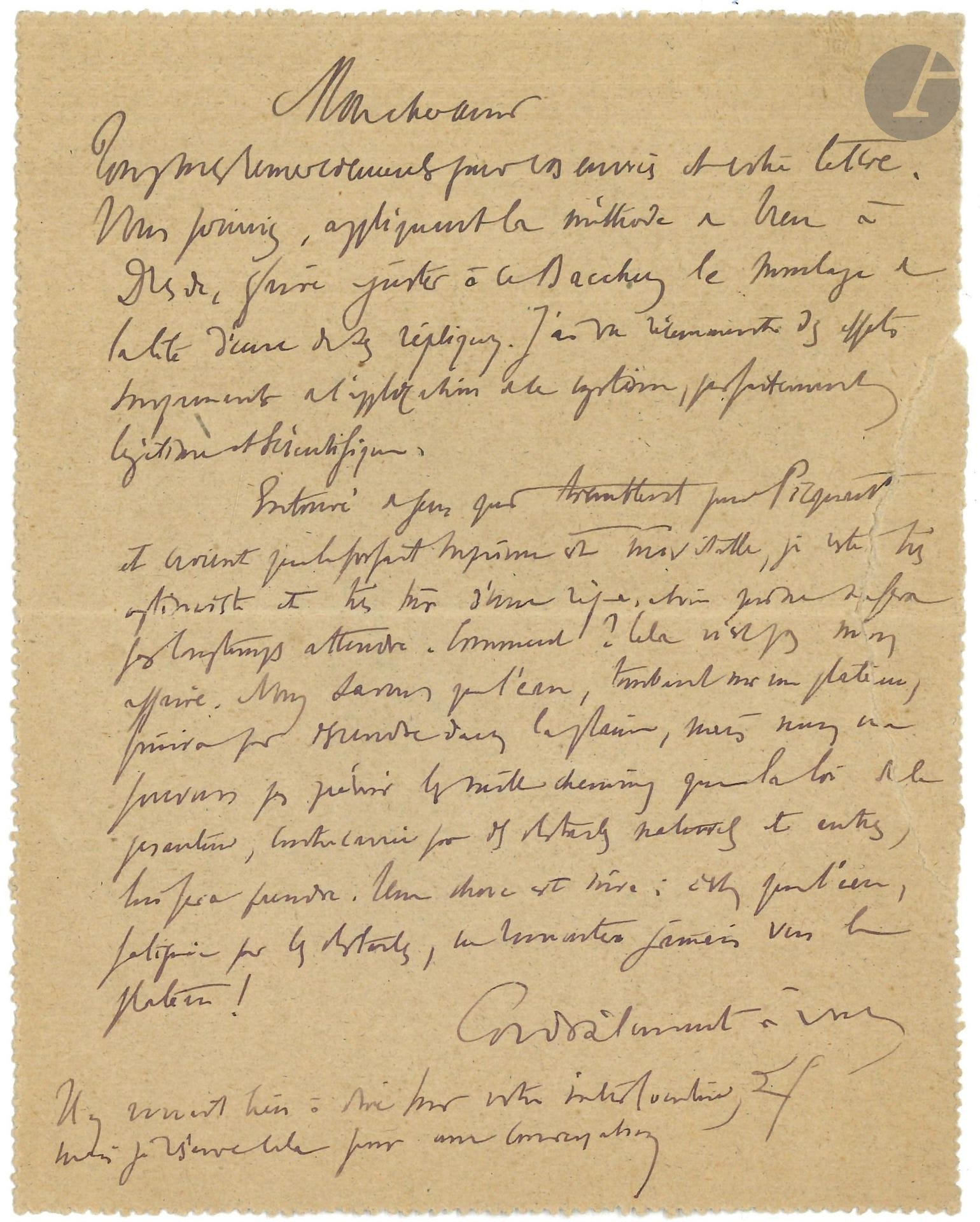 Salomon REINACH (1858-1932). L.A.S. (paraphe), [Paris 25 novembre 1898], à M. Gauckler, directeur des Antiquités du Musée du Bardo à Tunis ; 1page in-12, adresse (carte-lettre, petite déchirure réparée).
Au sujet d’une statue, il propose de «faire ajouter à ce Bacchus le moulage de la tête d’une de ses répliques. J’ai vu récemment des effets surprenants à l’application de ce système, parfaitement légitime et scientifique». Sur l’affaire Dreyfus: «Entouré de gens qui tremblent pour Picquart et croient que le forfait suprême est inévitable, je reste très optimiste et très sûr d’une réparation qui ne se fera pas longtemps attendre. Comment ? Cela n’est pas mon affaire». Il en est comme de l’eau qui, tombant sur un plateau, finit toujours par se répandre dans la plaine: «Une chose est sûre: c’est que l’eau, fatiguée par les obstacles, ne remontera jamais vers le plateau»…