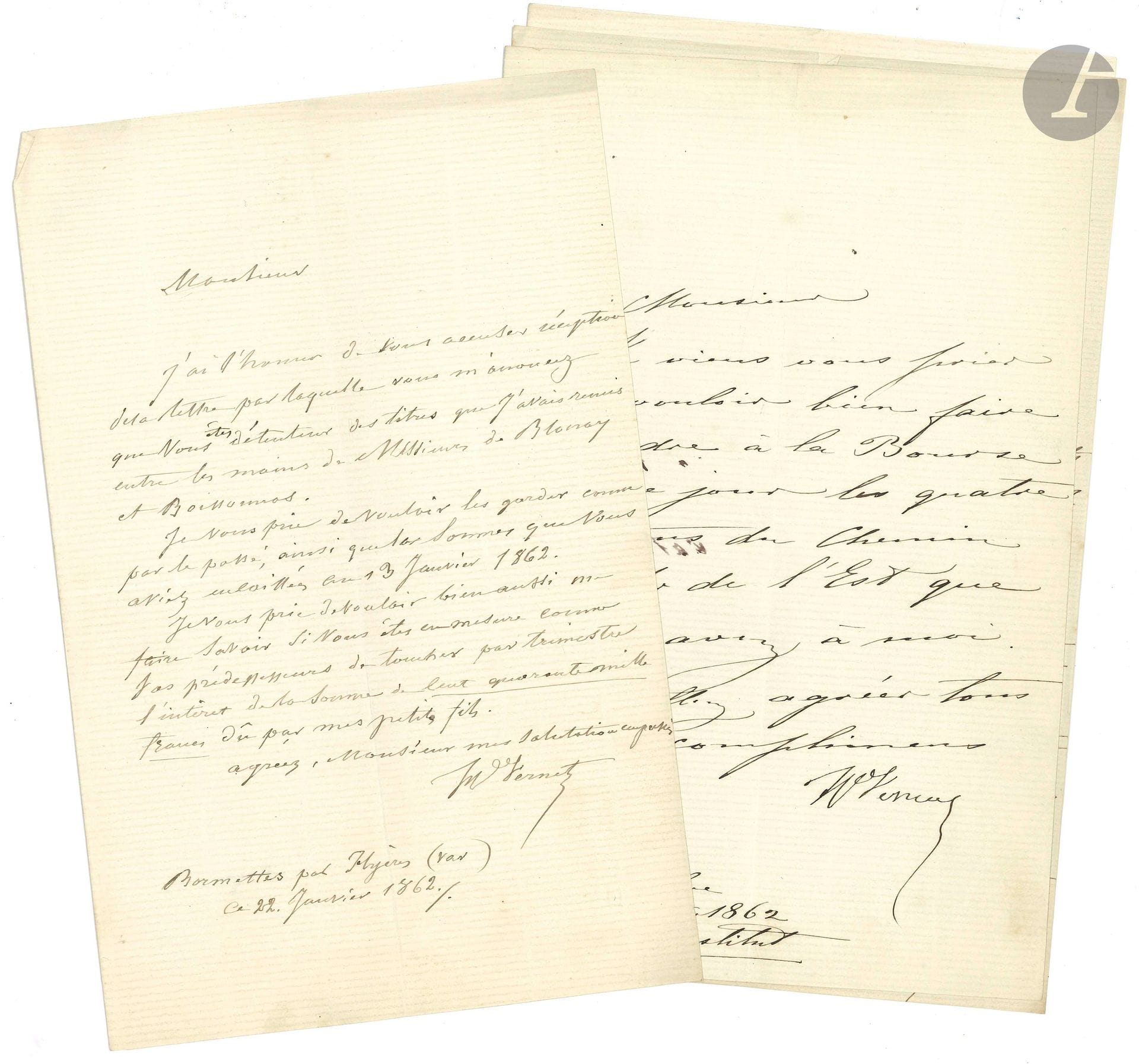 Horace VERNET. 2 L.A.S. et 4 L.S., 1862 et 1872, à son banquier M. Boissonnas ; 7pages in-8.
Il prie de lui envoyer de l’argent à Bormettes par Hyères, de procéder au règlement de ses intérêts, de vendre ses actions du Chemin de fer de l’Est…
On joint 4 L.A.S. de sa seconde femme Marie Vernet née Fuller (1862) sur le même sujet.