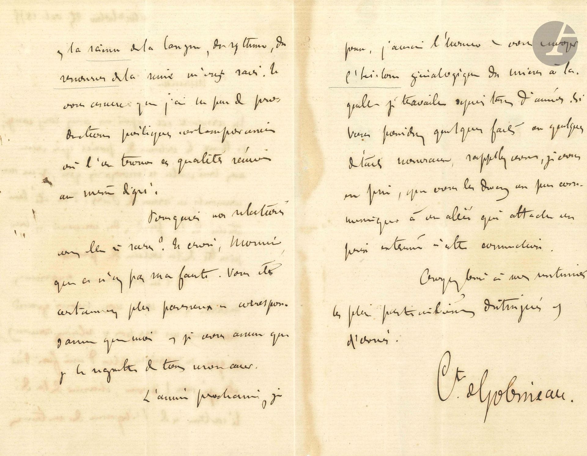 Arthur de GOBINEAU (1816-1882). L.A.S., Stockholm 25 octobre 1875 ; 3 pages in-8 (trace d’onglet).
Il remercie son correspondant de l’envoi de son volume de poésies, qu’il a lu avec empressement, et aussi un grand soin, «revenant sur mes pas en relisant souvent», et il a été «charmé de la délicatesse et de l’élégance du sentiment et la science de la langue, du rythme, des ressources de la rime m’ont ravi». Il regrette que leurs relations soient si rares et va lui envoyer l’année prochaine «l’histoire généalogique des miens [Histoire d’Ottar Jarl] à laquelle je travaille depuis tant d’années»…
