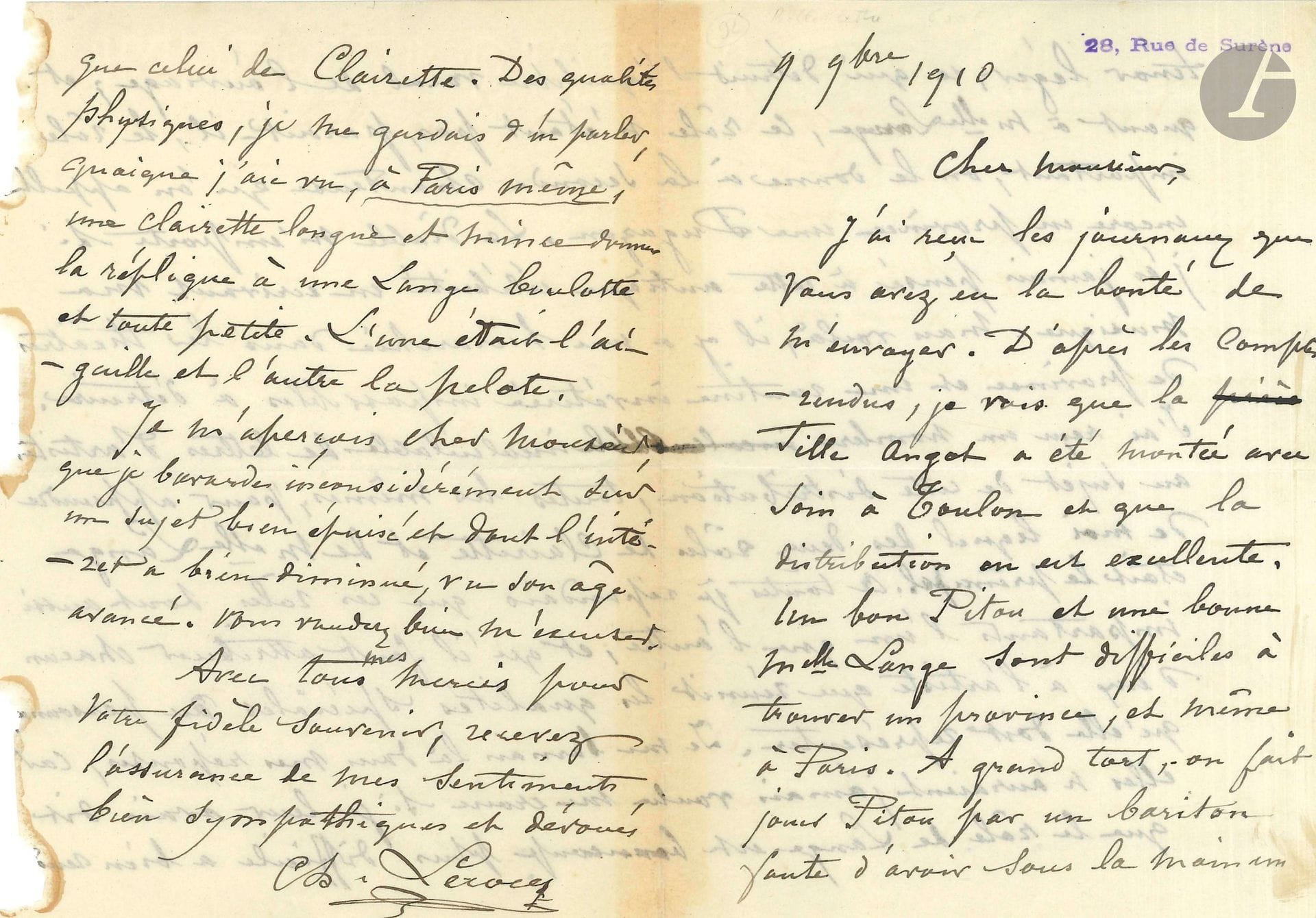 Charles LECOCQ (1832-1918). L.A.S., 9 novembre 1910 ;4pages in-8 (bord du 2e f. un peu effrangé).
Sur La Fille de Madame Angot, donnée à Toulouse ave une excellente distribution: «Un bon Pitou et une bonne Melle Lange sont difficiles à trouver en province et même à Paris. A grand tort, on fait jouer Pitou par un bariton faute d’avoir sous la main un ténor léger, ce qui détruit l’équilibre vocal de l’ouvrage ; et quant à Melle Lange […] on le donne à la seconde chanteuse qu’on appelle encore en province une Dugazon». On lui demande lequel des deux rôles de Clairette et de Melle Lange est le principal, et il répond «que ces rôles sont aussi importants l’un que l’autre, et qu’il faut attribuer chacun d’eux à l’artiste qui réunit les qualités spéciales du personnage qu’elle doit représenter […] Des qualités physiques, je me gardais d’en parler, quoique j’aie vu, à Paris même, une Clairette longue et mince donner la réplique à une Lange boulotte et toute petite. L’une était l’aiguille et l’autre la pelote»… 
On joint une L.A.S., 26 décembre 1903, à Paul Gravollet, lui renvoyant son petit acte qui ne lui convient pas: «pour l’Opéra-Comique, si je dois jamais y être joué, j’aimerais mieux une chose plus montée de ton et où je pourrais mieux affirmer les qualités qui ont fait mon succès ailleurs»… (3p. in-8, enveloppe).