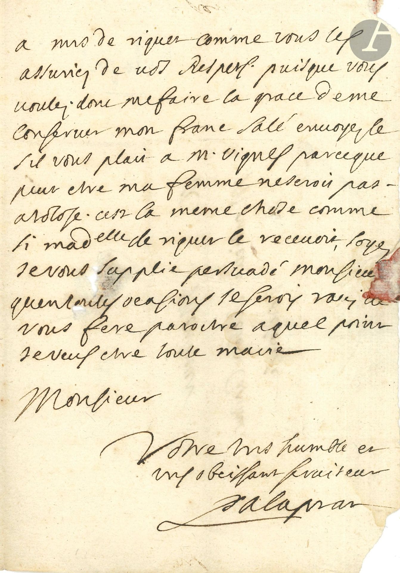 Jean de PALAPRAT (1650-1721) avocat toulousain et auteur dramatique. L.A.S., Septe 9 décembre 1684, à M. Robert, Capitoul à Toulouse ; 2pages in-8, adresse, restes de cachet de cire rouge à son chiffre couronné.
Il remercie de lui conserver son franc salé [privilège d’obtenir du sel sans payer la gabelle] ; il doit «aller au devant de M. Vauban que le roy envoye pour visiter tous les ouvrages du Canal [Canal du Midi] nous lirons prendre à Castelnaudary et nous en retournerons avec lui, M. le Cardinal, M. lintendant & a Montpellier. Jay témoigné a Mrs de Riquet comme vous les assuriez de vos respects»…