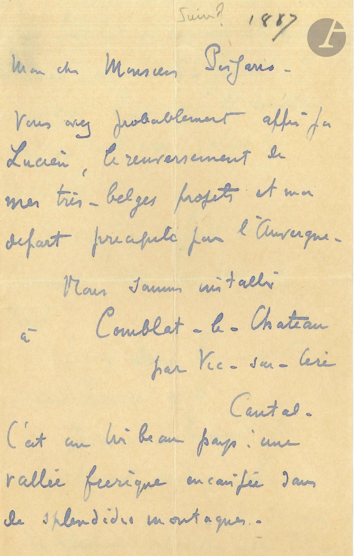 Paul SIGNAC (1863-1935). L.A.S., [juin ? 1887], à Camille Pissarro ; 2pages in-8.
Il a dû partir brusquement pour l’Auvergne et il donne son adresse à Comblat-le-Château par Vic-sur-Cère dans le Cantal. «C’est un très beau pays: une vallée féerique encaissée dans de splendides montagnes. Je fais là de sérieuses études de valeurs – avec un S – forcées. Je ne sais quel sera le résultat mais en tout cas j’apprends beaucoup. Et vous que faites-vous ? Comment cela va-t-il chez Petit ?»…