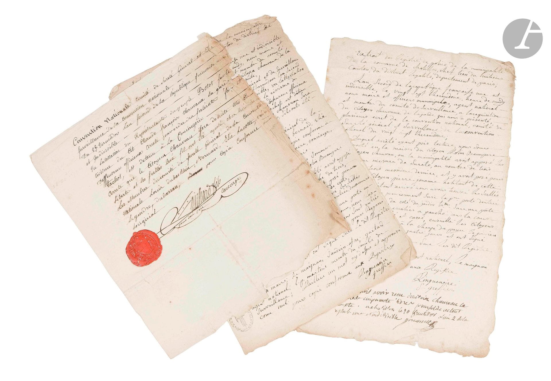 [Claude-François CHAUVEAU-LAGARDE (1756-1841) avocat, défenseur de Marie-Antoinette, des Girondins, de Charlotte Corday, de Madame Élisabeth]. 2 documents, 1794.

Mise en liberté de Chauveau-Lagarde. [Après le procès de Madame Élisabeth, Chauveau-Lagarde avait été arrêté le 13 messidor II (1er juillet 1794), et incarcéré à la Conciergerie ; il fut libéré après le 9 thermidor (on joint une note impr. où il expose ces faits).]

Copie conforme par Richard fils pour son père, concierge de la Conciergerie, de l’arrêté du Comité de Sûreté générale du 23 thermidor (10 août 1794), ordonnant la mise en liberté de Chauveau-Lagarde, «deffenseur officieux arreté par ordre des scélérats», et la levée des scellés apposés chez lui (1p. in-4, cachet de cire, déchir. sur un bord).

Extrait du Registre de police de la Municipalité de Chatillon «chef lieu du huitieme canton du district de légalité, departement de Paris», pour la levée des scellés chez Chauveau-Lagarde (en double, 1p. in-fol. chaque, cachet encre).