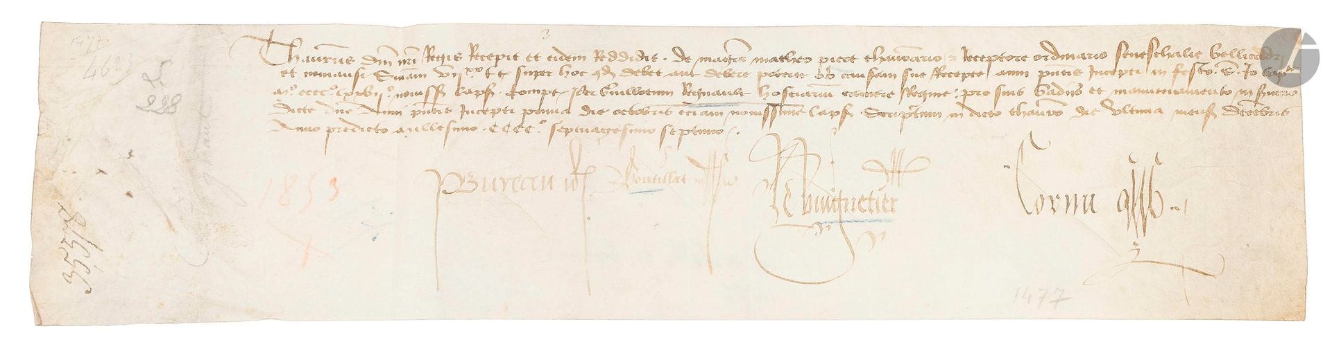 SAVOIE. [CHARLOTTE DE SAVOIE (1442-1483) fille de Louis duc de Savoie ; elle épousa Louis XI en 1451.] P.S. par quatre officiers des finances, dont le Trésorier du Roi P. Bureau, 31 décembre 1477 ; vélin obl. in4 ; en latin.

Reçu de 140 livres de la sénéchaussée de Beaucaire et de Nîmes pour les gages de Guillotin Regnault, huissier de la chambre de la Reine.