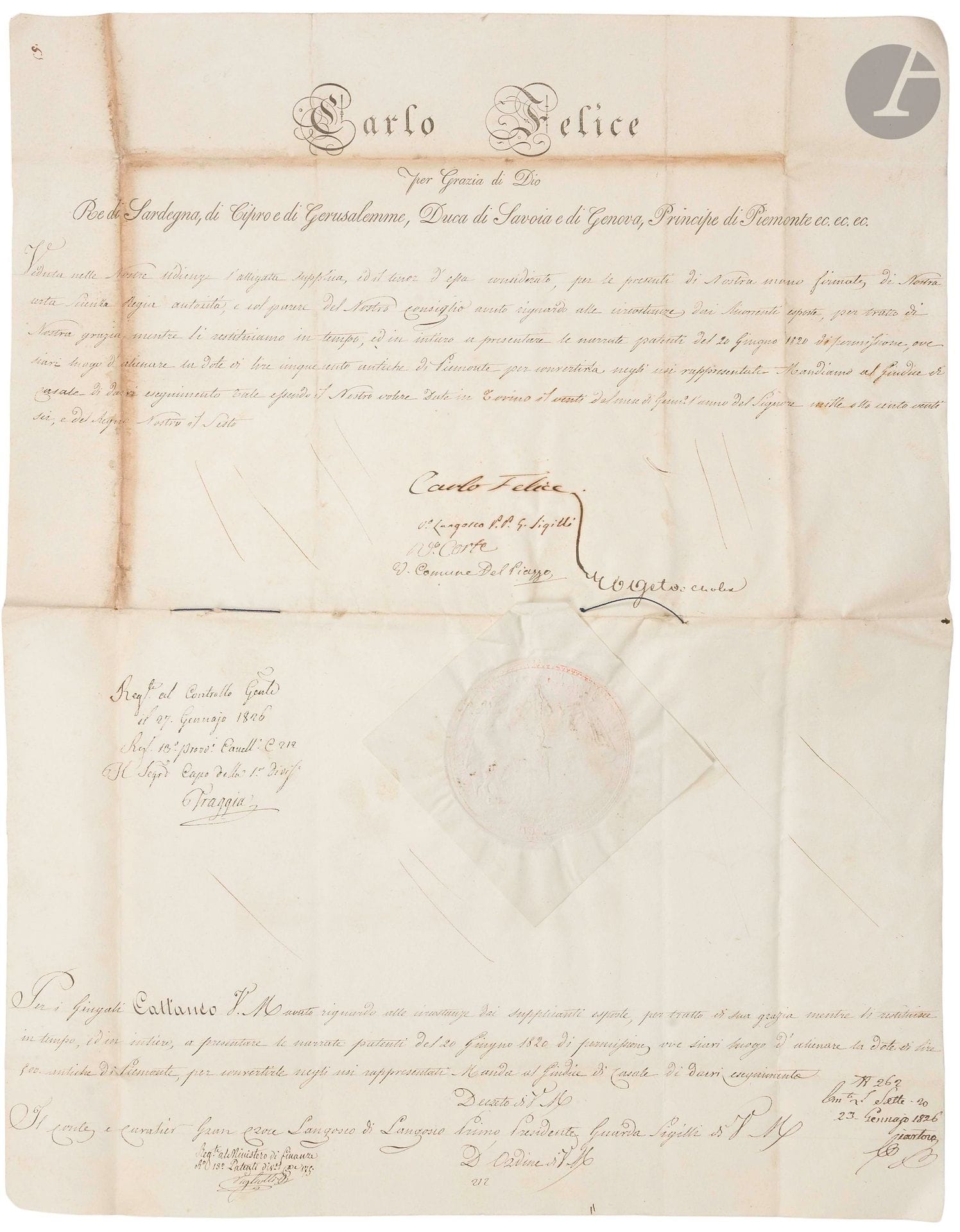 SAVOIE. CHARLES-FÉLIX DE SAVOIE (1765-1831) Roi de Sardaigne. P.S. «Carlo Felice», Turin 20 janvier 1826 ; signatures de chancellerie ; 1page grand in-fol. à son en-tête, sceau aux armes sous papier, avec supplique jointe ; en italien.

Accord donné à la demande (jointe) de Giovanni Domenico Cattaneo et son épouse, de Casale, concernant l’aliénation de la dot.