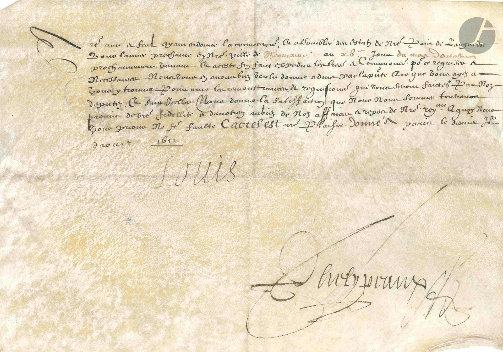 LOUIS XIII. 2 P.S. and 2 L.S. (secretaries), 1612-1629; 2 oblong in-4 parchments, and 2 one-page in-fol. letters with addresses.

Paris August 31, 1612, countersigned by Phelypeaux. Convocation of the Estates of Languedoc in Beaucaire. - January 31, 1615, countersigned by Lomenie. Donation to the Dowager Duchess of Guise of 3000 livres for the Order of the Holy Spirit.

Saint-Germain en Laye October 27, 1624. Letter to Jean de Cambolas, councillor at the Toulouse Parliament, ordering him to go to Paris to be one of the judges of the chamber of justice to punish "abuses and misappropriations committed with regard to our finances" (counters. by Phelypeaux). - Paris December 10, 1629, to the burghers and inhabitants of Guingamp, for the convocation of the Estates of Brittany (counters. by Bouthillier).

Enclosed: - a L.S. from Maréchal d'Effiat (1631), and a L.A.S. from Mme de La Croix to Richelieu (March 1642) ; - 11 handwritten documents (1612-1642), ; - and 3 printed plates (1622).
