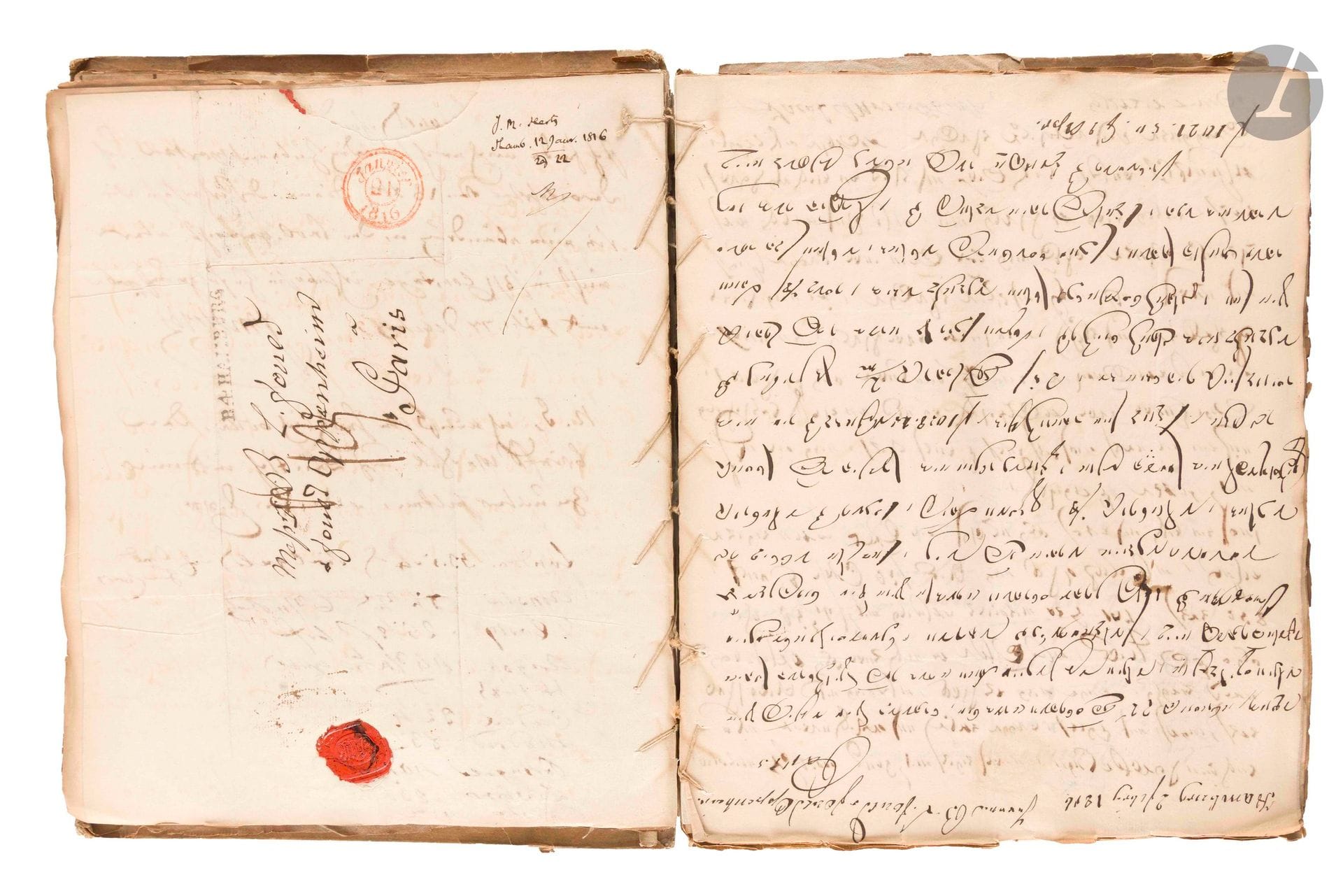 FOULD &amp; OPPENHEIM BANK. Approximately 192 letters addressed to bankers, 1815-1816, with addresses and postmarks; sewn into a large in-4 hardback volume (spine missing).

Financial correspondence addressed to the bank founded in Paris by Beer Léon Fould (1767-1855), associated with the Fould Oppenheim bank (Benoît Fould, son of Beer Léon, had married the daughter of Cologne banker Salomon Oppenheim). The letters, in French, German and Yiddish, are written from Vienna, Geneva, Cologne, Crefeld, Hamburg, Frankfurt, Riga, Brussels, Basel, Altona, London, Livorno, Mézières, Paris, by Henickstein &amp; Cie, H. Hentsch, J.D. Herstadt, Jonas Hertz &amp; Söhne, J.J. et Jacob Moses Hertze, Herz &amp; C°, Isaac Hesse, Hill &amp; Hunt, Hindenlang, A.P. Hine, J. Hirsch, Hitzler &amp; Ziegler, Hoart, Em. Hoffmann, Joseph Jacob Hollander, Holt &amp; Co, J.H.C. Hoppe, Carl and H. Heine...