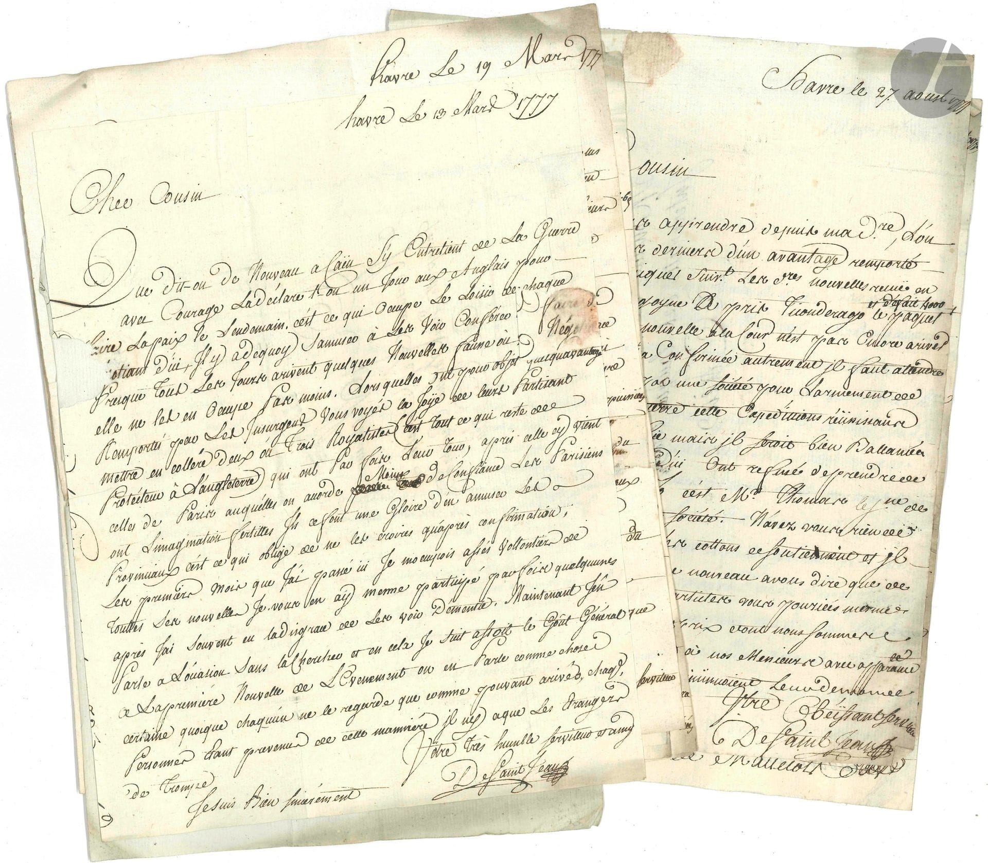 AMERICA. 14 L.A.S. from M. de SAINT-JEAN, Le Havre, November 14, 1776-December 18, 1777, to M. Le Cavelier in Caen; 28pages in-4, addresses (a few tears from broken seal).

Interesting correspondence on the events of the American War of Independence.

Saint-Jean, an employee of the Homberg trading house in Le Havre, writes to his cousin Le Cavelier, an "interpreter of foreign languages" and trader in Caen, giving news of the war in America as they arrive in France: "Do we declare it one day to the English in order to make peace the next, this is what occupies the leisure of every trader here" (March 12, 1777). The letters give news of the trade, which continues: "American commodities will certainly hold up at their current prices, except for coffee, which could decrease if we keep the peace" (March 26). In addition to coffee, prices for hemp, wheat, indigo, cotton, Marseilles soap, lumber, olive oil, etc., are mentioned, as well as transport difficulties and speculation. News of the war arrives mainly from London. Saint-Jean confirms the capture of Ticoderoga by English General Burgoyne, and believes that General Howe will "attack Boston by sea and land" (August 27 and 30). On September 3, we received "the news of the capture of Philadelphia by General Howe, if this is the case, we shall not delay in making him master of Boston, voila l'ouverture de la campagne bien defavorable aux Insurgens"; and we saw "a French frigate which had been loaded with cannonballs and cannons at Dunkirk pursued by two English ships, from which it was only saved by the strength of its sails and by receiving a few cannon shots". On October 14, we learn that "a packet bot has arrived reporting that General Howe has landed in Baltimore", that he is heading for Philadelphia, and that General Burgoyne is only 160 miles from New York. On December 11, Saint-Jean speaks of the bulletin sent by B. Franklin, and of Washington having "retired 40 leagues from Philadelphia to the plains"... Etc.