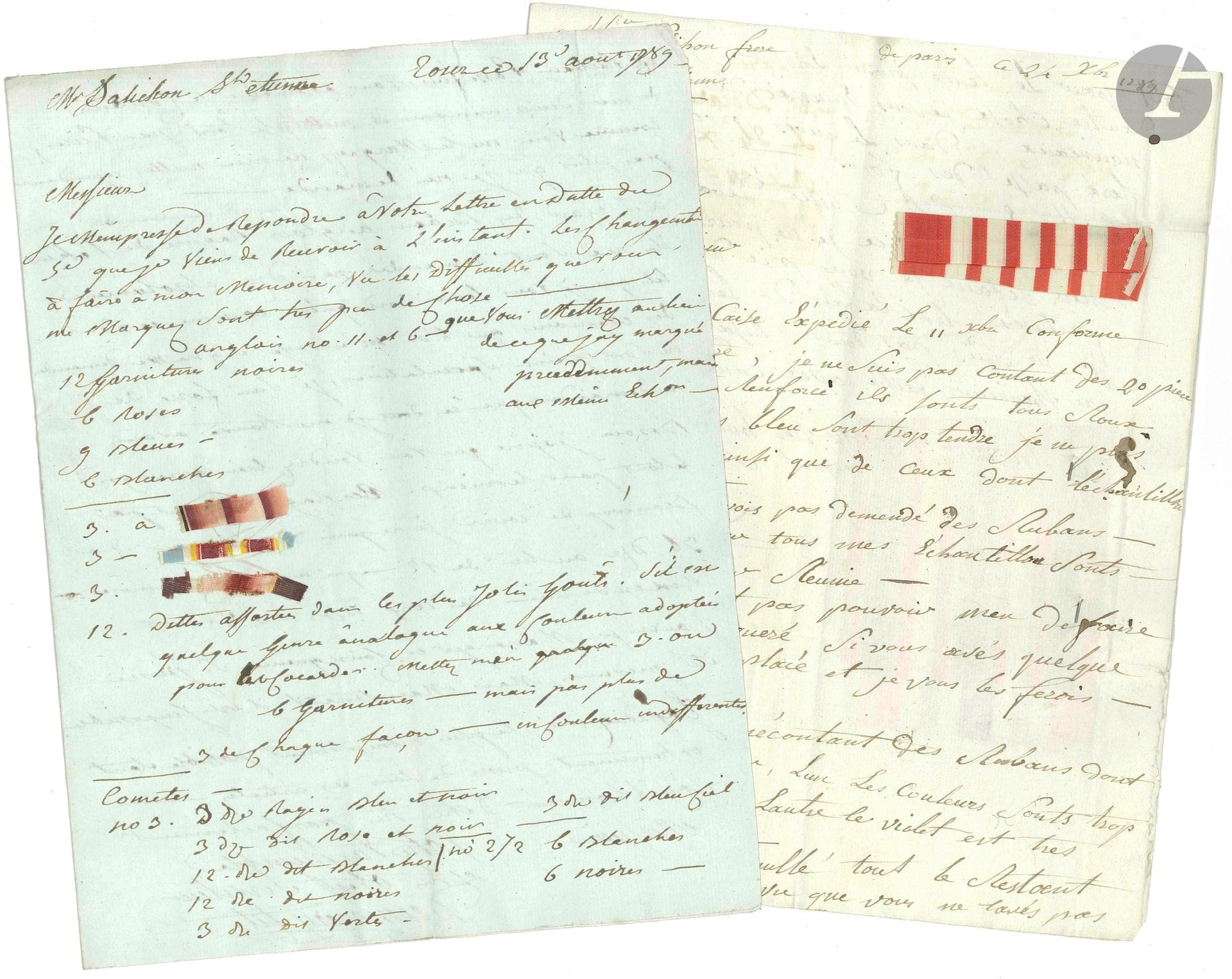 MODES. 28 L.A.S. ou L.S., 1789-1790, à Messieurs Salichon frères, négociants à Saint-Étienne ; 43pages in-4, adresses avec marques postales.

Correspondance commerciale d’un fabricant de rubans, avec échantillons.

Les lettres proviennent de merciers et négociants de Paris (Delaroa), Tours (Desmazery), Lyon (Devillas), Bayonne (Détroyat), Carhaix, Dinan, mais aussi Barcelone (De Larrard) et Lisbonne (Demaleval): commandes, retours, tarifs, etc. Quelques lettres sont accompagnées d’échantillons.

On joint un petit lot de tissus et rubans.