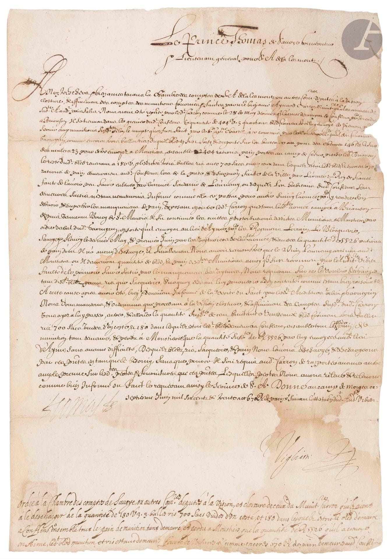 SAVOIE. THOMAS DE SAVOIE (1595-1656) prince de Savoie, frère du duc Victor-Amédée Ier, il tenta de s’opposer aux troupes de Louis XIII en 1630 puis entra en conflit avec Chrestienne de France lors de sa régence pendant la minorité de Charles-Emmanuel III. P.S., au camp de Morges 7 juin 1730 ; 1page in-fol., sceau sous papier (mouillure). 

Ordre à la Chambre des Comptes de Savoie de procéder «à la vision, closture & affinement» des comptes du munitionnaire Aynard Carron. Il est question de sacs de blé vides, de blé demeuré à Conflens, de pain de munition demeuré et perdu à Moustiers...
