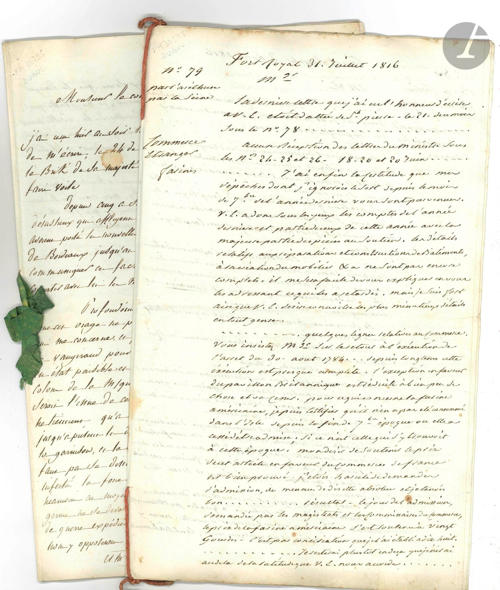 MARTINIQUE. Louis-François DUBUC (1759-1827). Manuscrit de 2 cahiers de correspondance, Fort-Royal, Saint-Pierre (Martinique), 1815-1816 ; 2 cahiers in-fol. de 13 et 9pages, brochés d’un ruban de soie verte (1er) et d’une cordelette rouge (2e), conservés dans un emboîtage toilé noir moderne.

Très intéressant document sur la Martinique au début de la Restauration.

[Planteur à la Martinique et porte-parole des colons martiniquais, Louis-François Dubuc prit le parti des Anglais pendant la Révolution et signa, en 1793, le traité de Whitehall qui mettait l’île sous protection britannique, en stipulant qu’elle retournerait à la France lors du retour des Bourbons. Une première occupation anglaise eut lieu de 1794 à 1802, puis une seconde de 1809 à 1814. À cette date, Dubuc fut nommé intendant de la Martinique par Louis XVIII. Il conserva son poste jusqu’en 1817, date de la suppression des intendants coloniaux.]

Le premier cahier de correspondance contient 9 copies de lettres, essentiellement au comte de La Châtre, et couvre la période du 5 mai au 9 août 1815. Le second contient 10 copies ou résumés de lettres, entre le 31 juillet et le 20 septembre 1816.

Cette correspondance évoque le retour de Napoléon, la volonté de conserver la colonie au Roi, et l’état d’esprit de la garnison ainsi que de la station maritime (5 mai 1815), l’appui de l’Angleterre et des puissances alliées aux navires portant le pavillon royal, les rumeurs d’une expédition anglaise contre la Martinique à partir de Sainte-Lucie, le démenti de cette rumeur et l’inutilité de céder la souveraineté de la Martinique à la Grande-Bretagne, la situation étant différente de celle de 1793 (14 mai). D’autres sujets sont traités: négociations entre le gouverneur, le comte de Vaugiraud, et Sir James Leith, pour faire débarquer les forces britanniques à Fort-Royal, afin de défendre l’île contre une attaque (13 juin 1815), exportations de denrées coloniales et augmentation des droits pour les navires étrangers (à l’exception des bâtiments anglais), interdiction de faire du commerce avec les ports de France tenus par «l’usurpateur», baisse du prix du sucre et du café (15 juin), cas de la Guadeloupe où le pavillon tricolore est arboré depuis un mois (17 juillet), défaite de Waterloo, attaque anglaise contre la Guadeloupe restée fidèle à l’Empereur, reprise du commerce et augmentation des recettes douanières (9 août). Citons la lettre du 14 mai: «Je n’ai pas [...] le plus léger doute sur la conduite de l’Angleterre relativement au pavillon de Sa Majesté avec qui elle est en alliance ; et si en conséquence de la violation du traité de Paris et de la déclaration du Congrès de Vienne en date du 13 mars dernier, des hostilités ont lieu de la part de l’Angleterre, contre le pavillon arboré de nouveau par Bonaparte et ses adhérents, le pavillon du Roi qui seul est véritablement celui de la France, sera non seulement respecté, mais encore protégé et défendu par les puissances alliées pour une cause commune»… Et celle du 9 août: ««L’expédition anglaise contre la Guadeloupe est réunie depuis plusieurs jours aux Saintes, et l’attaque a dû commencer avant-hier. Nous en attendons la nouvelle à tout instant. Il y a lieu d’espérer qu’on ne rencontrera pas de résistance. Elle serait vaine en définitif mais elle pourrait occasionner de grands maux. Il est à présumer que malgré quelques mesures inconsidérées et menaçantes des effervescents, les chefs seront assez maîtres de leurs mouvements, et assez sages pour capituler immédiatement»…

Le deuxième cahier traite également de différents sujets: arrêt de l’importation des farines américaines, afin de soutenir les prix (31 juillet 1816), importance du trafic maritime dans l’île (3 août), achat de marchandises par le gouvernement de Caracas (13 août), conflit entre Dubuc et le comte de Vaugiraud, d’abord au sujet du traitement des greffiers de la colonie (16 août et 2 septembre), puis au sujet du commerce avec les possessions espagnoles que Dubuc essaye de développer (10 septembre), etc. Citons la lettre du 2 septembre: ««Je sais que la désunion entre les deux administrateurs est nuisible au service […] M de Vaugiraud, à mon insu, a convoqué douze ou treize personnes qui se sont réunies en comité – avec président, secrétaire... et quelle composition – la majorité se composait d’hommes dont les uns sont connus par leur doctrine et leurs pratiques révolutionnaires et qui tous sont odieux à la colonie»… Etc.