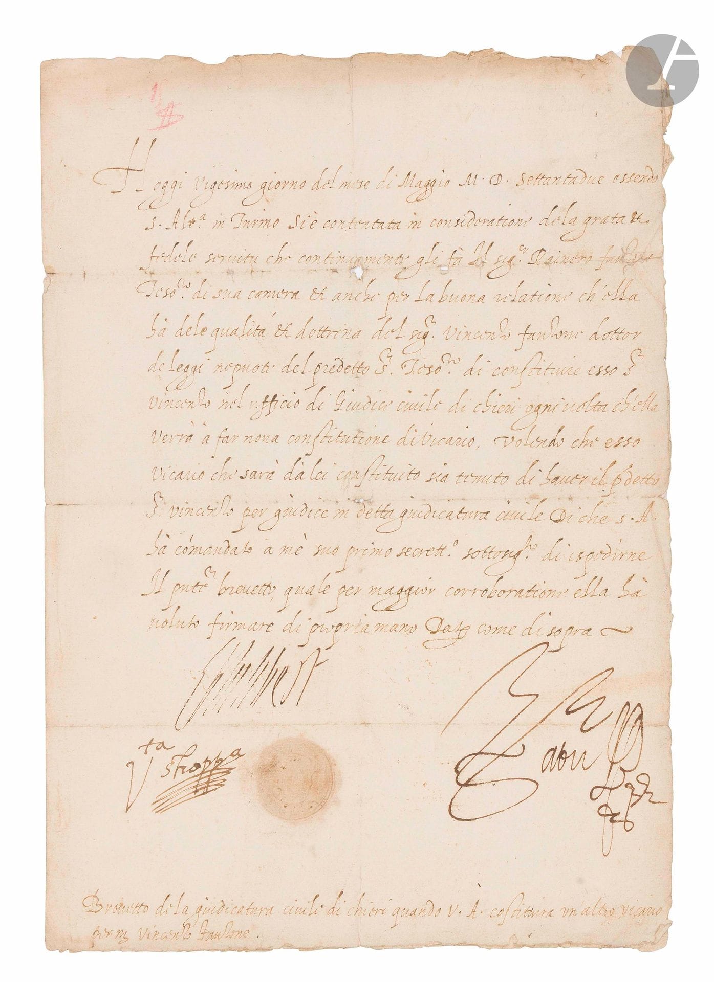 SAVOIE. EMMANUEL-PHILIBERT, duc de SAVOIE (1528-1580) dit «Tête de Fer». P.S. «Ephilibert», Turin 20 mai 1572 ; 1page in-fol., cachet aux armes sous papier ; en italien.

Brevet de juge civil de la ville de Chieri, près de Gênes, pour l’avocat Vincenzo Fanzone, neveu de Rainero Fanzone, trésorier dans la Chambre ducale.
