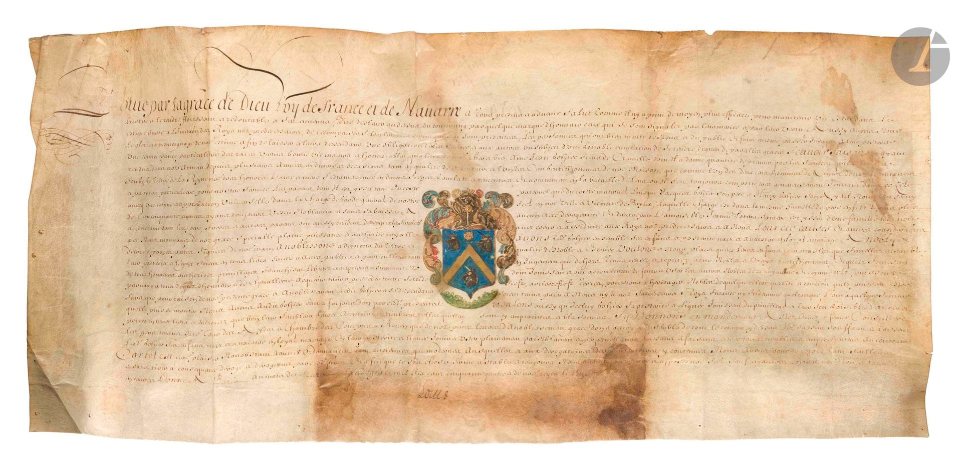 LOUIS XIV (1638-1715). P.S. (secrétaire), Paris mars 1654 ; contresignée au revers par Phelypeaux ; vélin in-plano (tache brune dans le bas).

Lettres de noblesse avec armoiries peintes.

Lettres d’anoblissement délivrées à Jean Gohier, sieur de Craniolle, qui s’est illustré au service du Roi et de sa mère la Reine, notamment à la bataille de Lens, qui est anobli et décoré du titre de «Noble et Escuier». Ses armoiries sont peintes au centre du document.

On joint des lettres de noblesse de 1577 pour le sieur de Braquemont (en mauvais état), avec 2 doc. annexes.