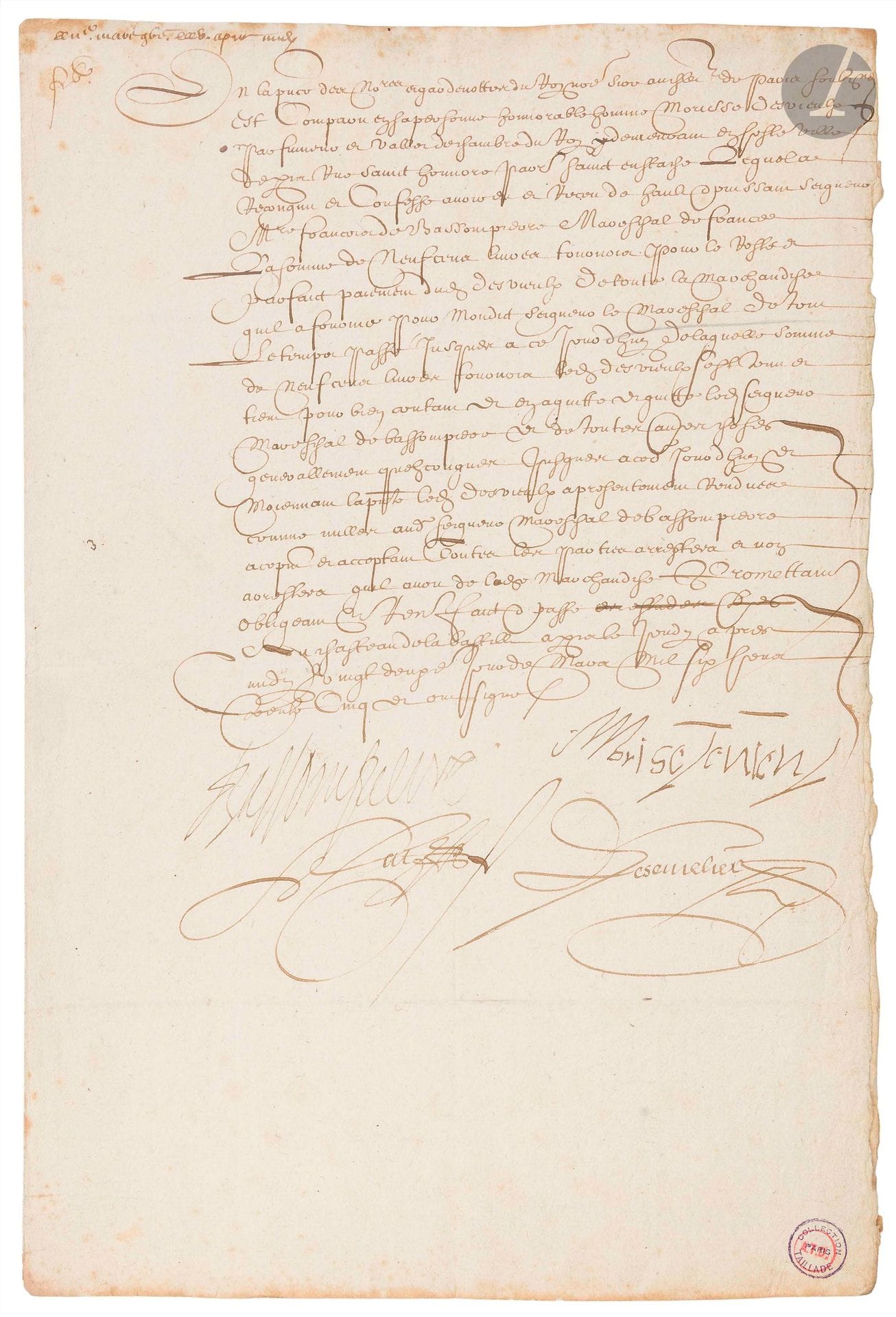 François de BASSOMPIERRE (1579-1646) maréchal de France, colonel-général des Suisses, il fut emprisonné à la Bastille par Richelieu de 1631 à 1643. P.S., Paris 22 mars 1635 ; 1page in-fol. (cachet de la coll. Taillade).

La pièce est signée à la Bastille lors de la captivité de Bassompierre. Paiement de 900 livres tournois à Maurice Desvieulx, parfumeur et valet de chambre du Roi, pour les marchandises qu’il a fournies à Bassompierre.